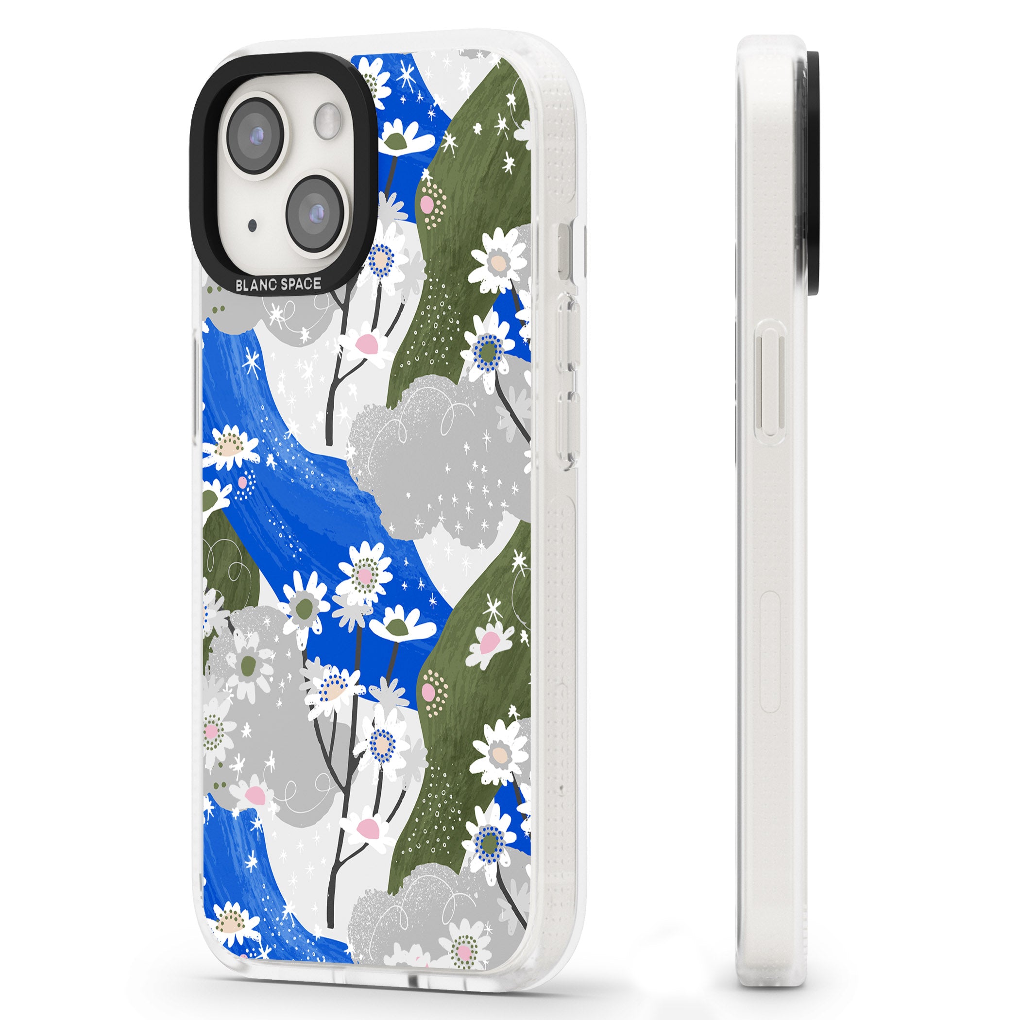 Blue & Grey Daisies Pattern iPhone 15 / 14 / 13 Clear Case Impact Air - Blanc Space