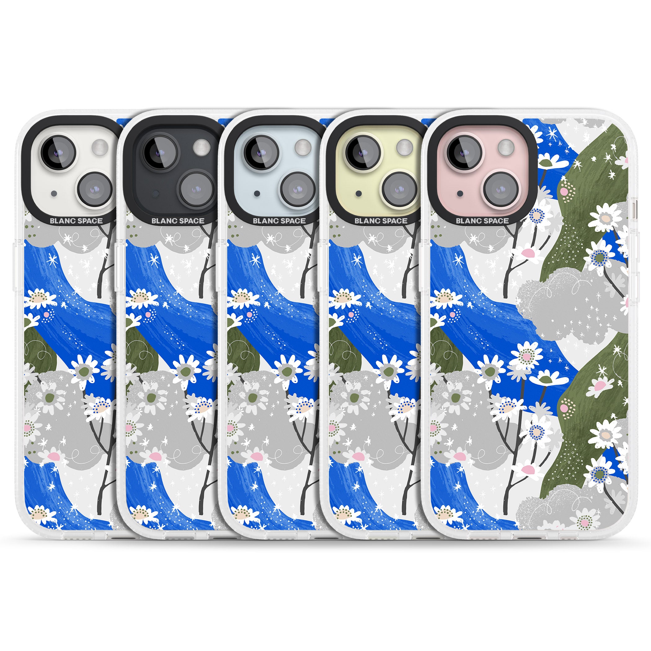 Blue & Grey Daisies Pattern iPhone 15 / 14 / 13 Clear Case Impact Air - Blanc Space