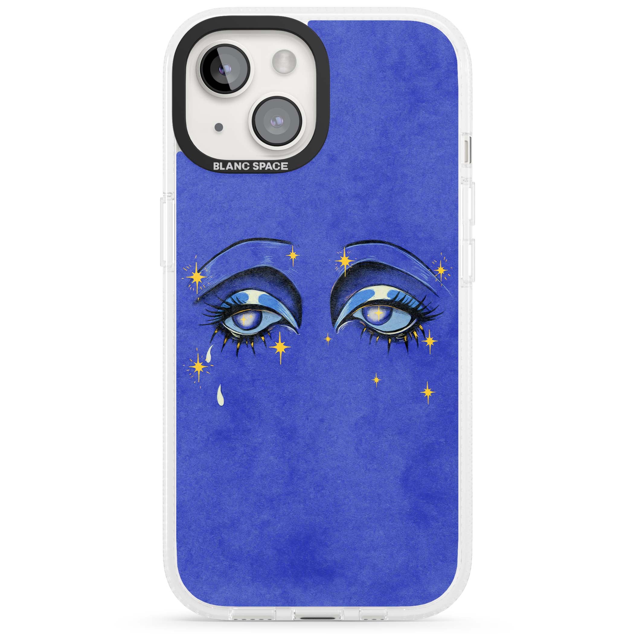 Blue Mystic Eyes celestial iPhone case featuring hand drawn blue mystical eyes, golden stars and a painted tear on indigo | Clear Case Impact Air case for iPhone 15, iPhone 15 Plus