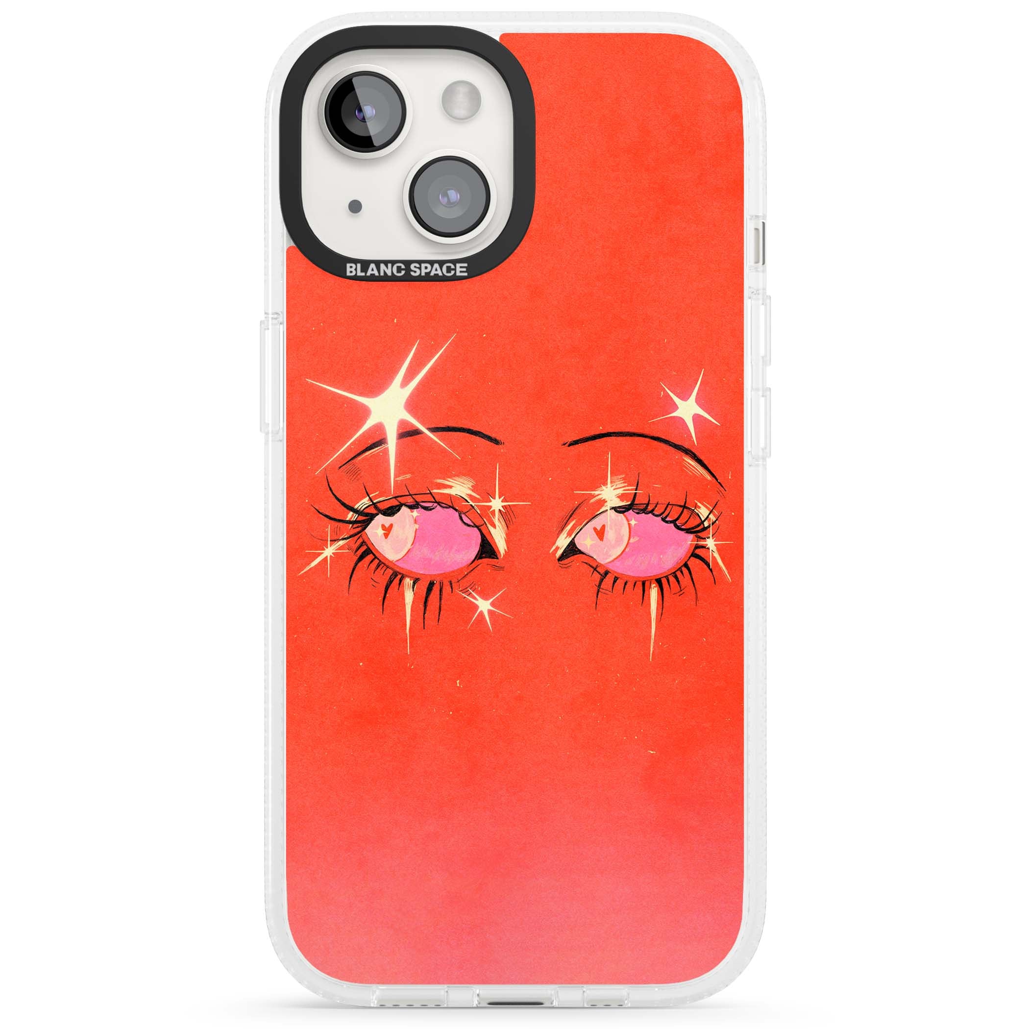 Pink Ethereal Eyes anime iPhone case featuring hand-drawn sparkly eyes with pink hearts and gold stars on red | Clear Case Impact Air case for iPhone 15, iPhone 15 Plus