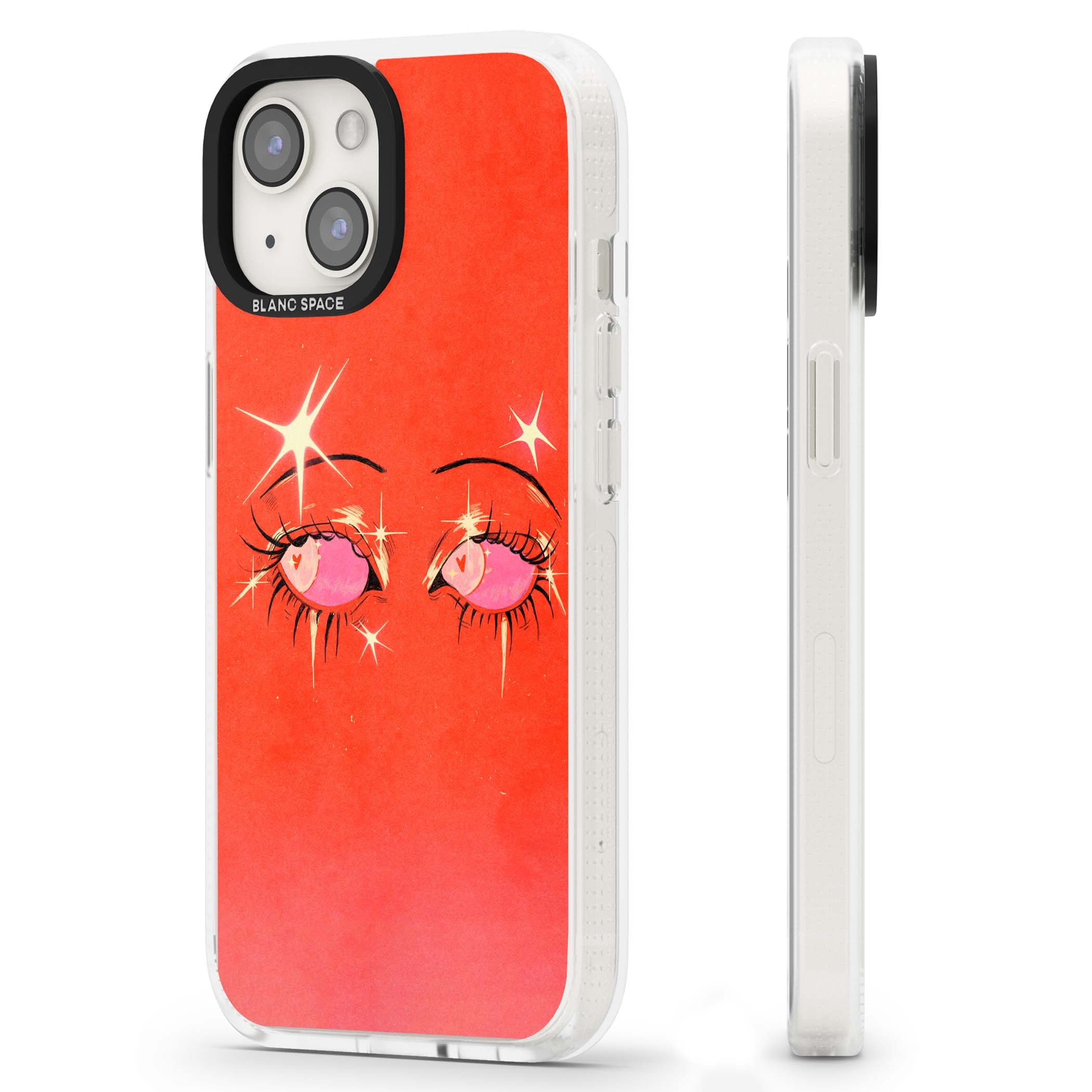 Pink Ethereal Eyes anime iPhone case featuring hand-drawn sparkly eyes with pink hearts and gold stars on red | Clear Case Impact Air case for iPhone 15, iPhone 15 Plus