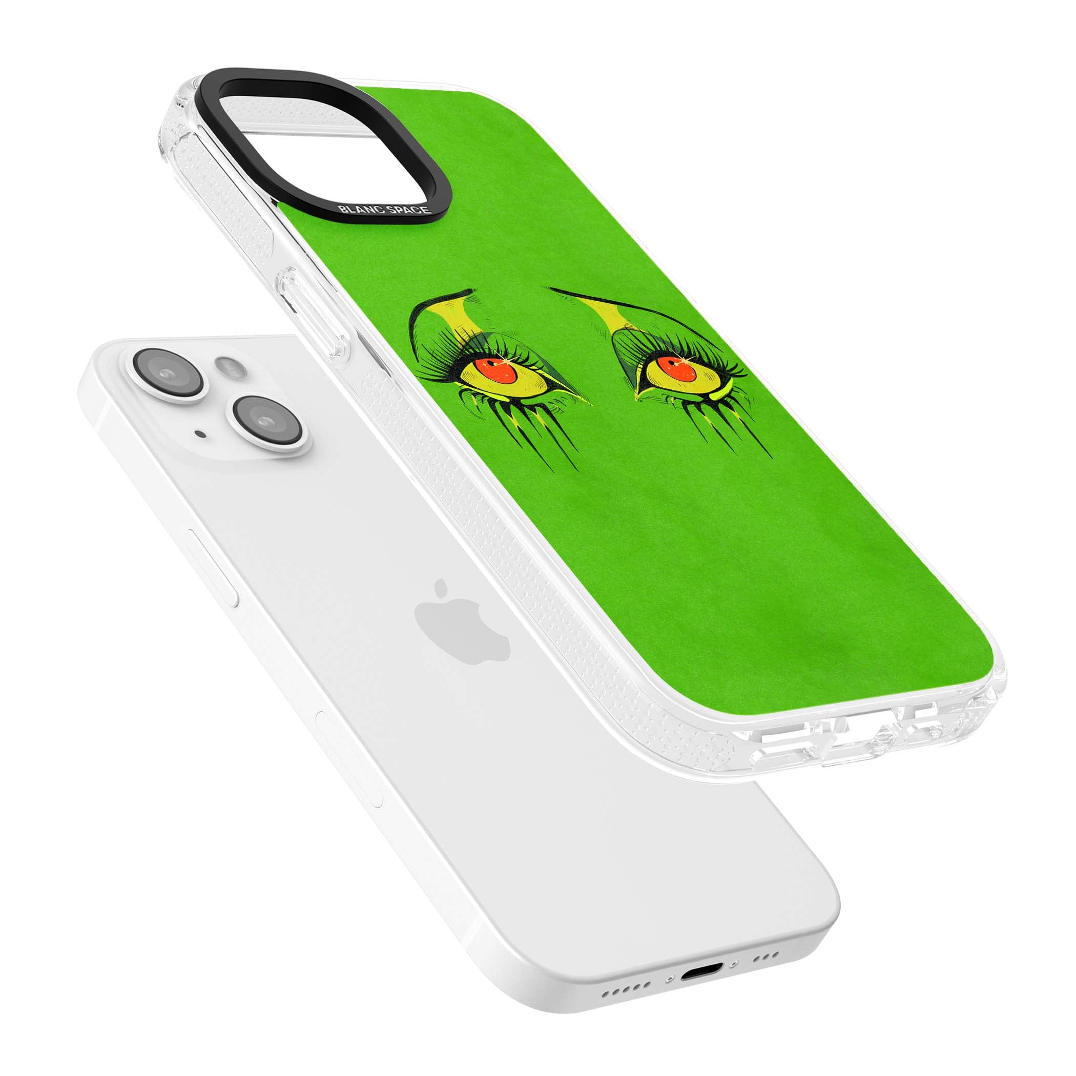 Green Enchanted Eyes psychedelic art iPhone case featuring hand-drawn dripping eyes on neon green background | Clear Case Impact Air case for iPhone 15, iPhone 15 Plus