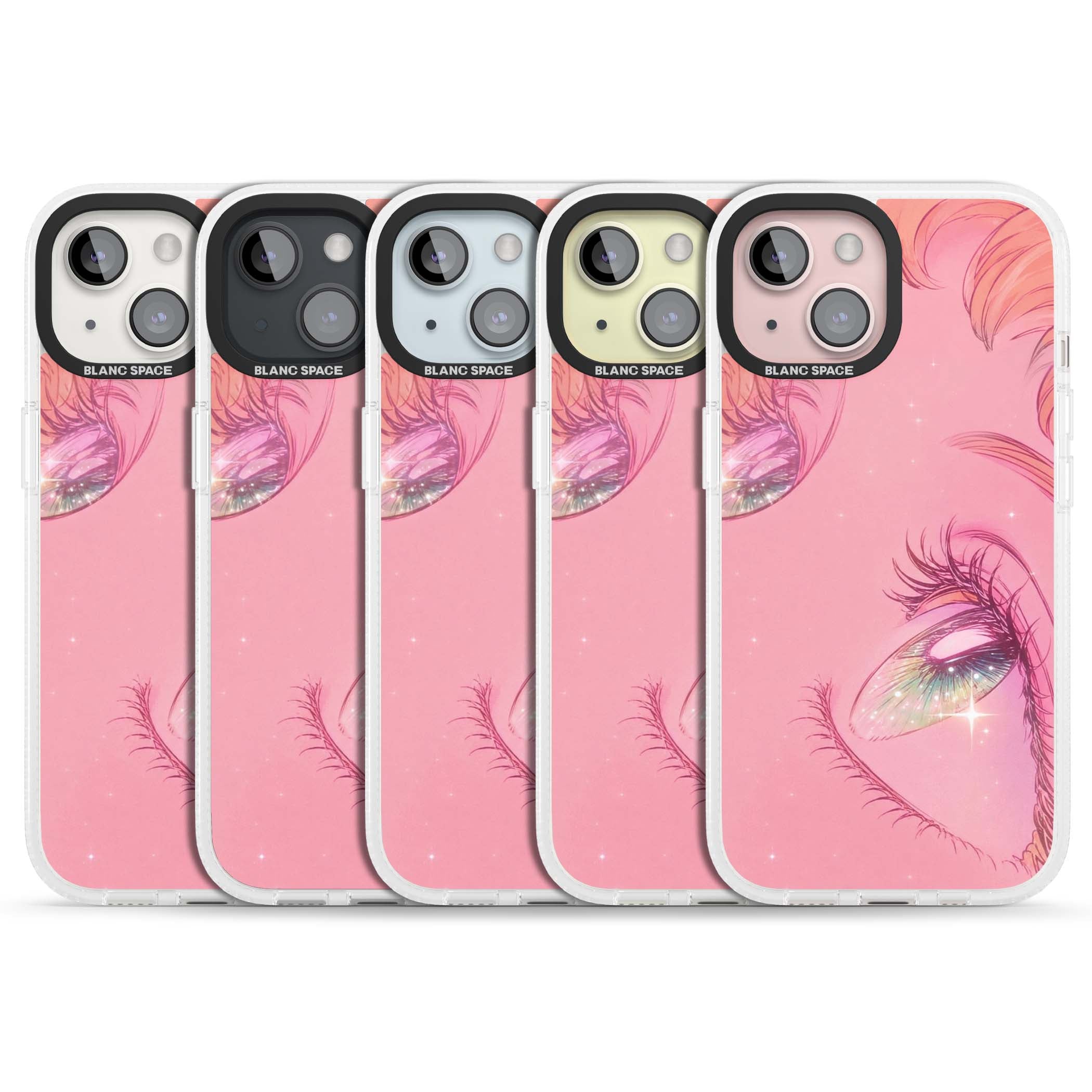 Pink Ethereal Gaze anime iPhone case featuring sparkling manga eyes, coral lashes and dreamy peach sky | Clear Case Impact Air case for iPhone 15, iPhone 15 Plus