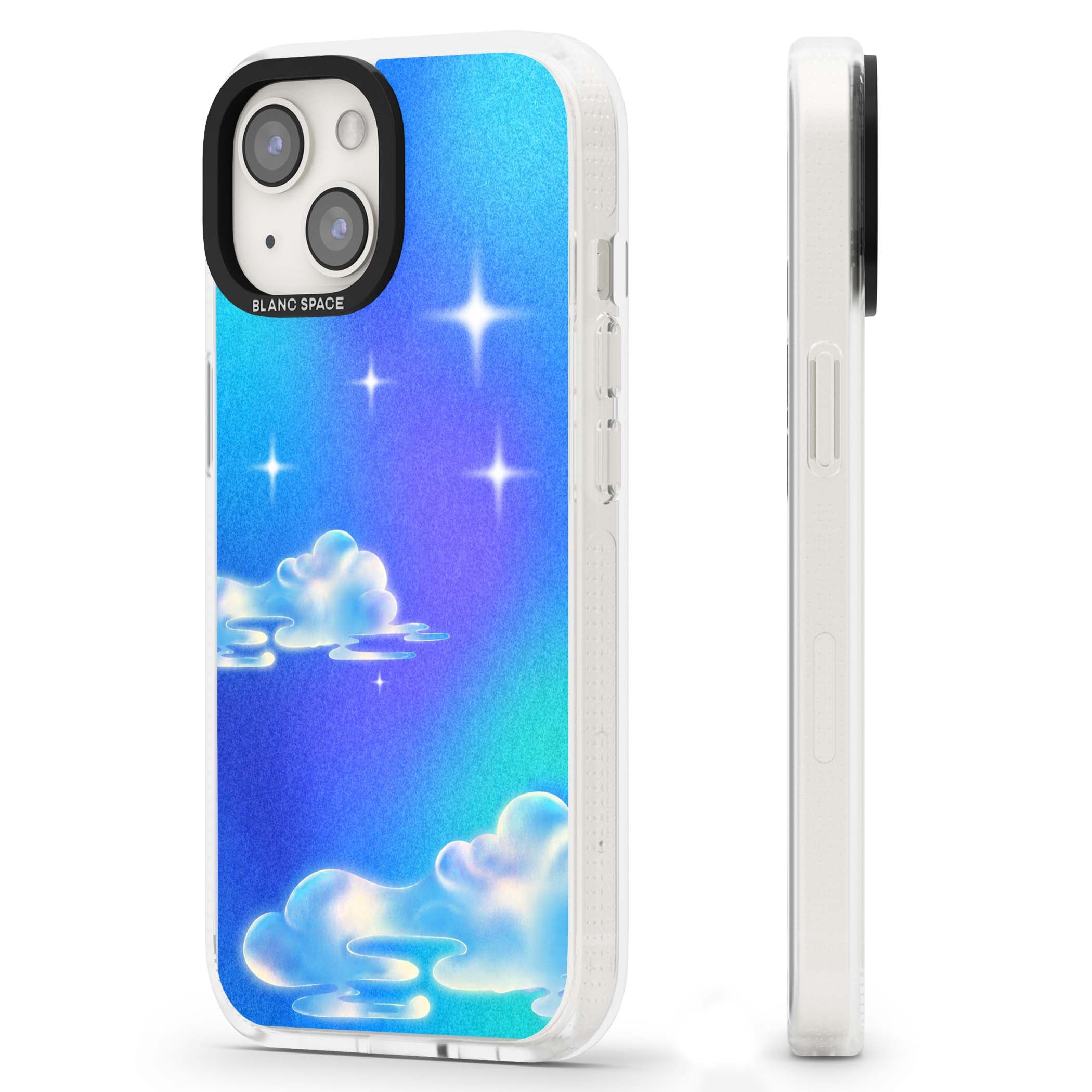 Aurora celestial iPhone case featuring dreamy iridescent clouds, sparkling stars and pastel blue purple sky | Clear Case Impact Air case for iPhone 15, iPhone 15 Plus