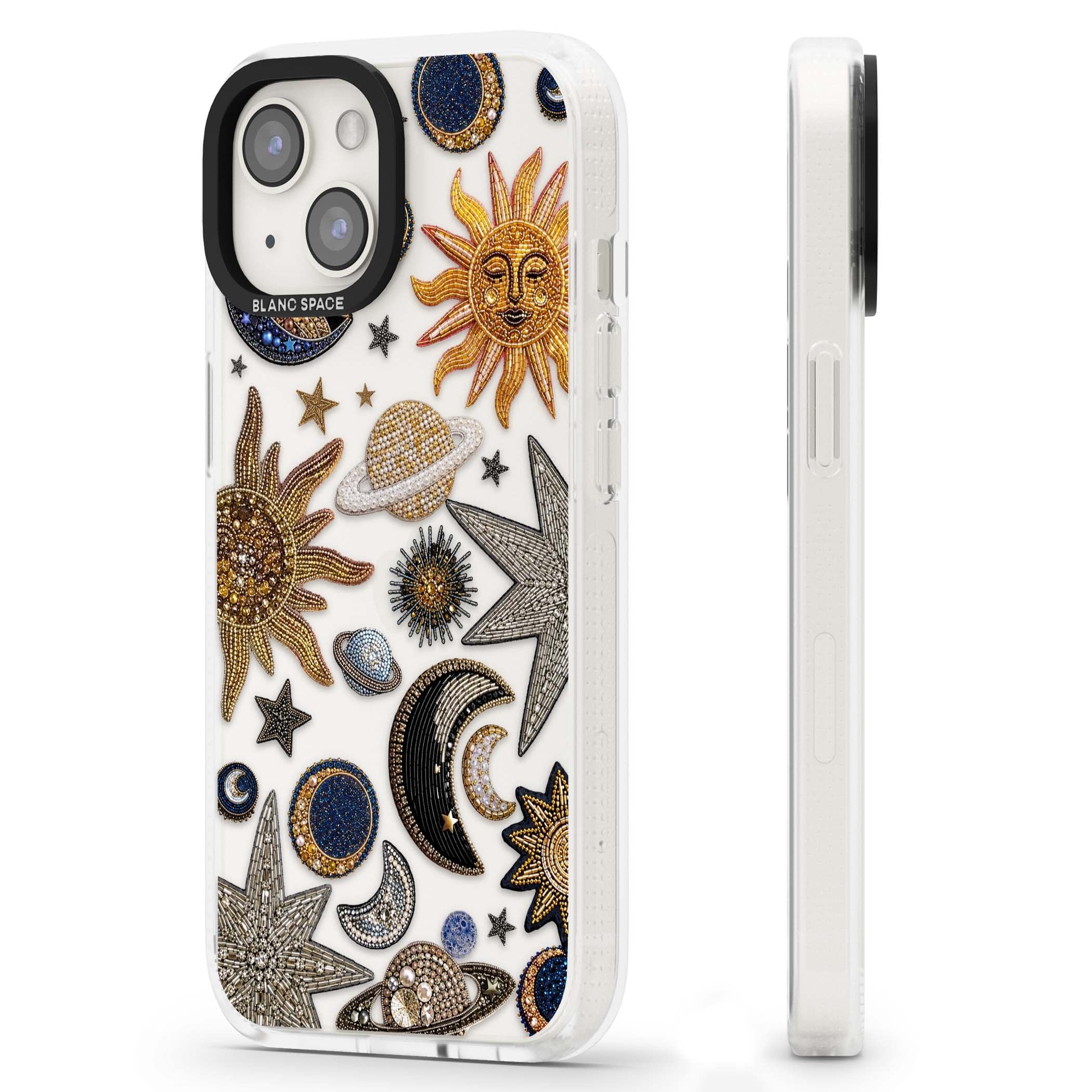 Beaded Cosmos celestial iPhone case featuring embroidered golden suns, beaded planets and silver shooting stars | Clear Case Impact Air case for iPhone 15, iPhone 15 Plus