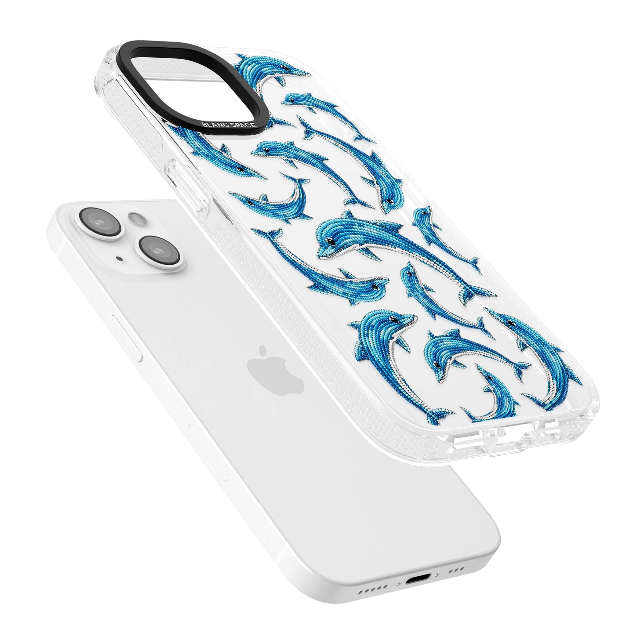 Beaded Dolphins coastal iPhone case featuring beaded dolphins in blue and white swimming across a clear background | Clear Case Impact Air case for iPhone 15, iPhone 15 Plus