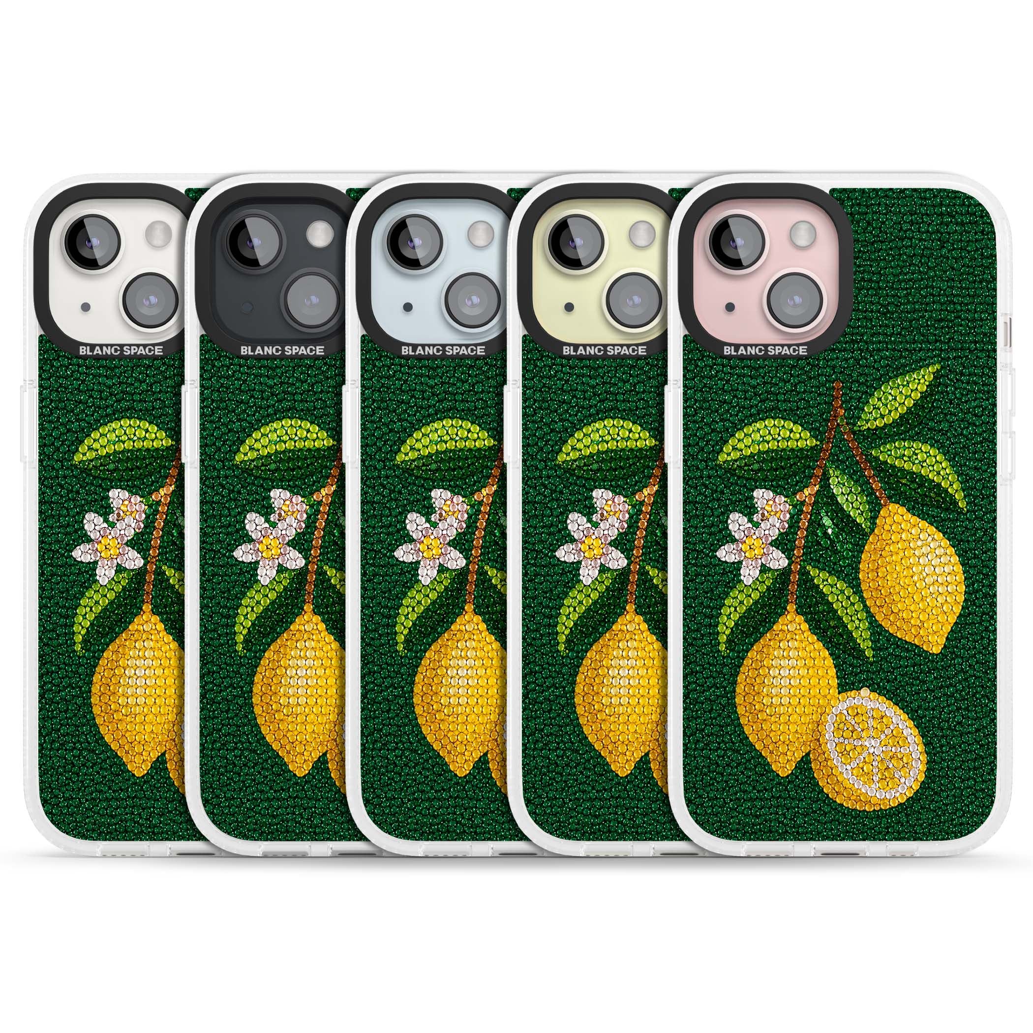 Beaded Lemons coastal iPhone case featuring crystal-beaded lemons, citrus blossom and green leaves on emerald ground | Clear Case Impact Air case for iPhone 15, iPhone 15 Plus