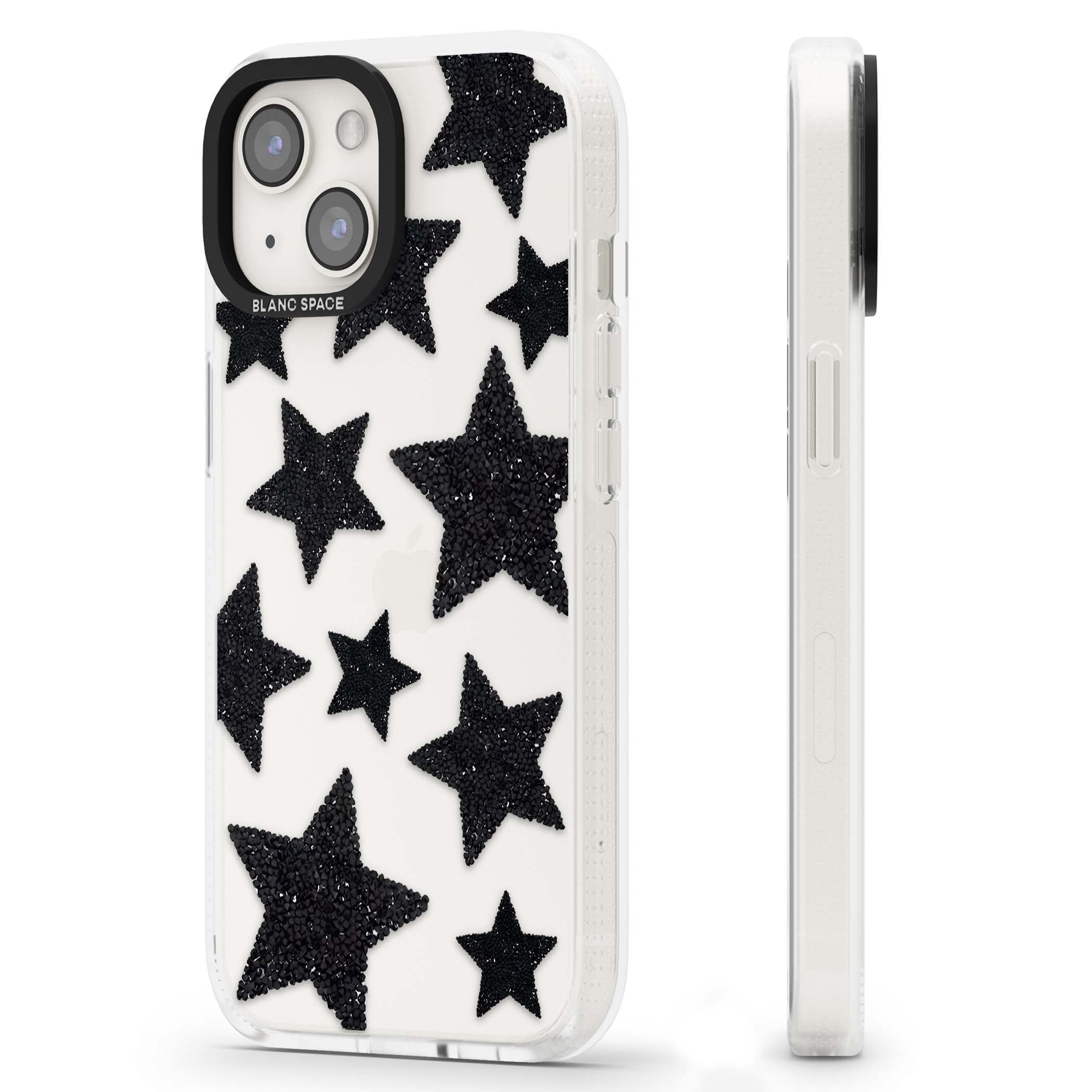 Beaded Black Stars celestial iPhone case featuring black glitter beaded stars scattered on a clear background | Clear Case Impact Air case for iPhone 15, iPhone 15 Plus