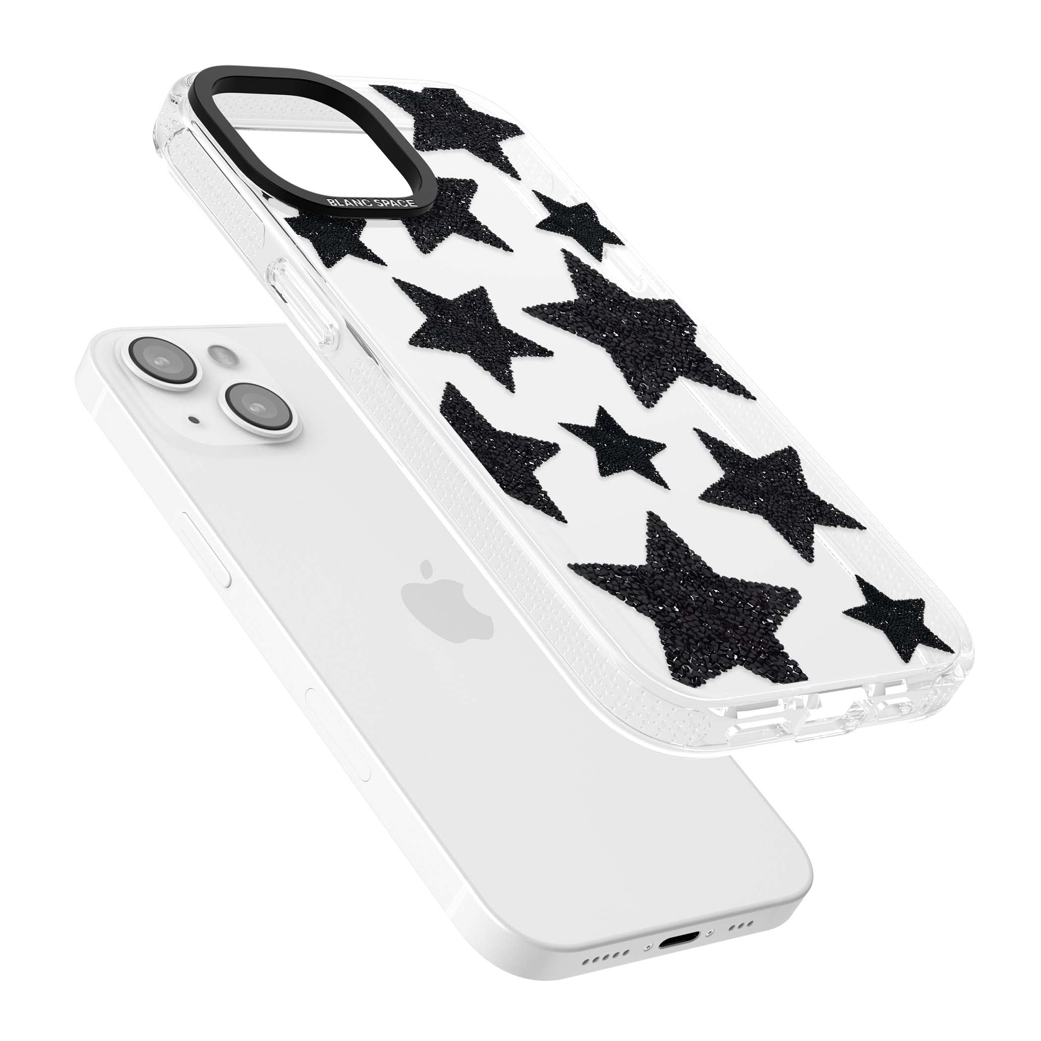 Beaded Black Stars celestial iPhone case featuring black glitter beaded stars scattered on a clear background | Clear Case Impact Air case for iPhone 15, iPhone 15 Plus