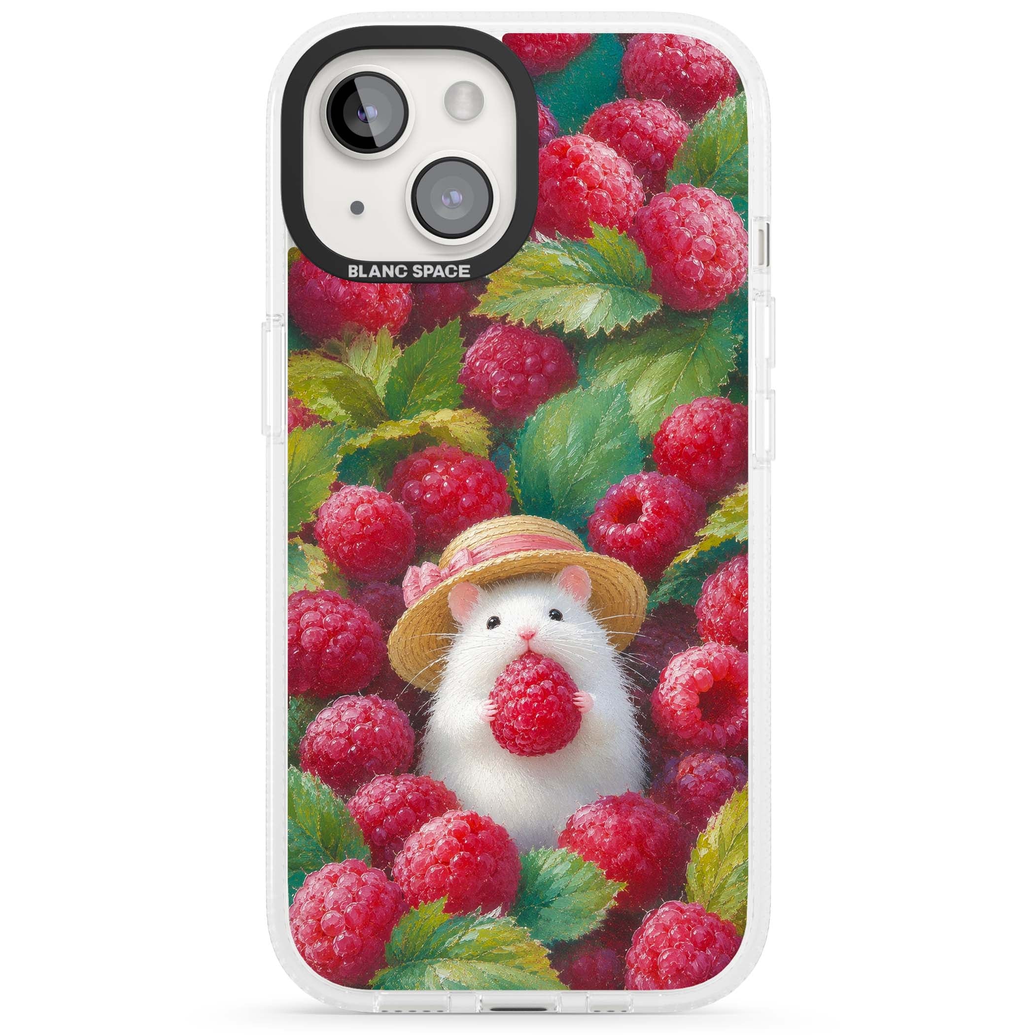 Berry Forager cottagecore iPhone case featuring a white hamster in a straw hat holding a raspberry surrounded by ripe ber | Clear Case Impact Air case for iPhone 15, iPhone 15 Plus