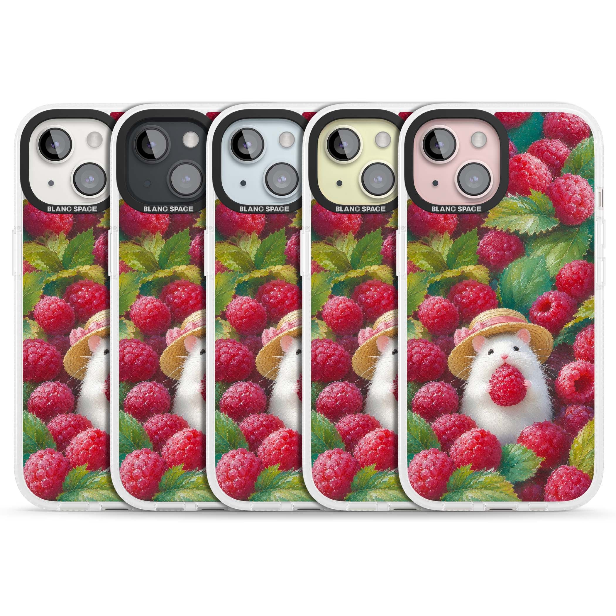 Berry Forager cottagecore iPhone case featuring a white hamster in a straw hat holding a raspberry surrounded by ripe ber | Clear Case Impact Air case for iPhone 15, iPhone 15 Plus