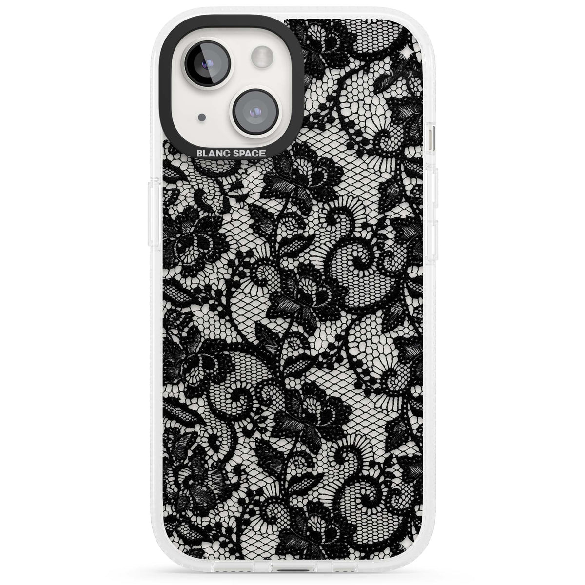 Black Lace gothic iPhone case featuring intricate black floral lace pattern with vintage whimsigoth detail | Clear Case Impact Air case for iPhone 15, iPhone 15 Plus