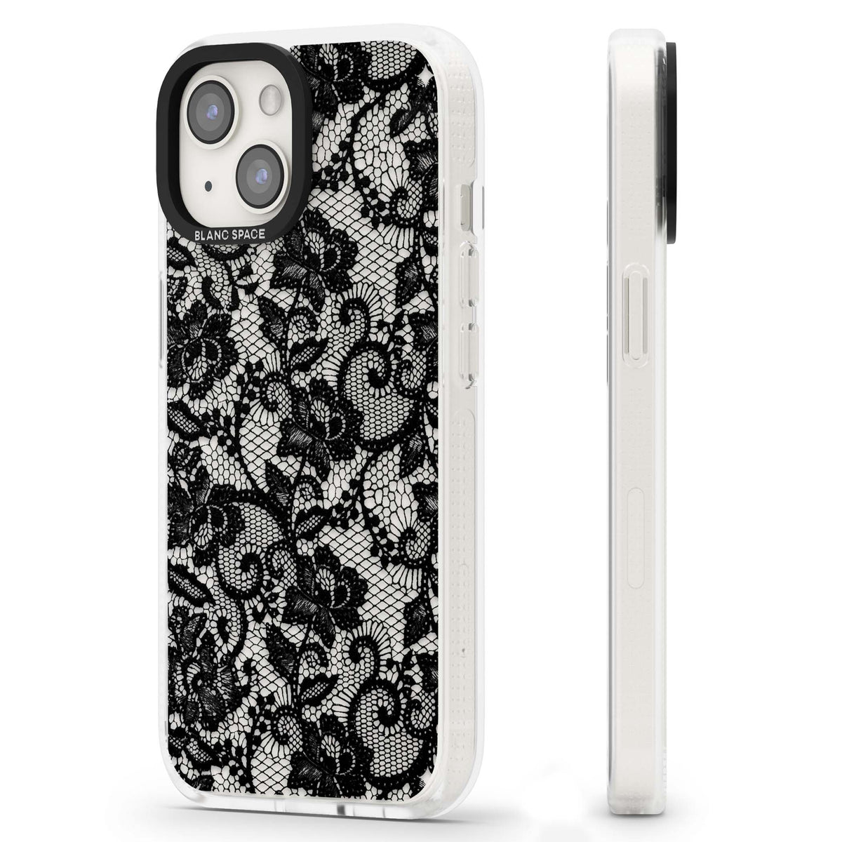 Black Lace gothic iPhone case featuring intricate black floral lace pattern with vintage whimsigoth detail | Clear Case Impact Air case for iPhone 15, iPhone 15 Plus