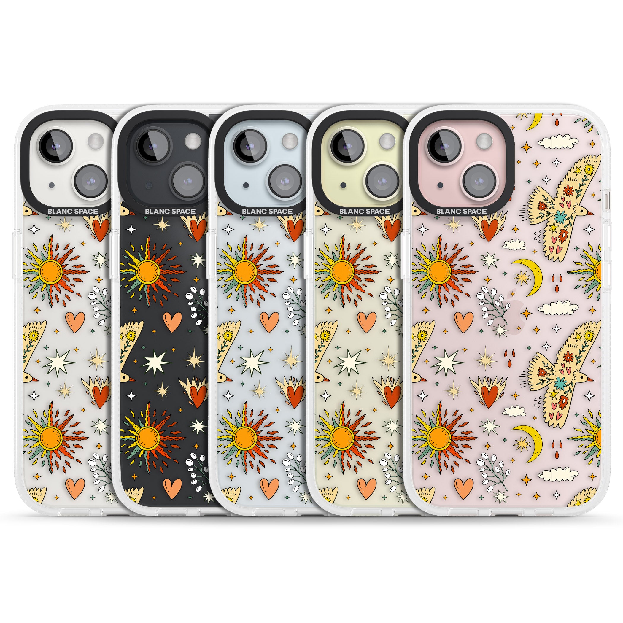 Boho Celestial Floral Bird & Sun iPhone 15 / 14 / 13 Clear Case Impact Air - Blanc Space