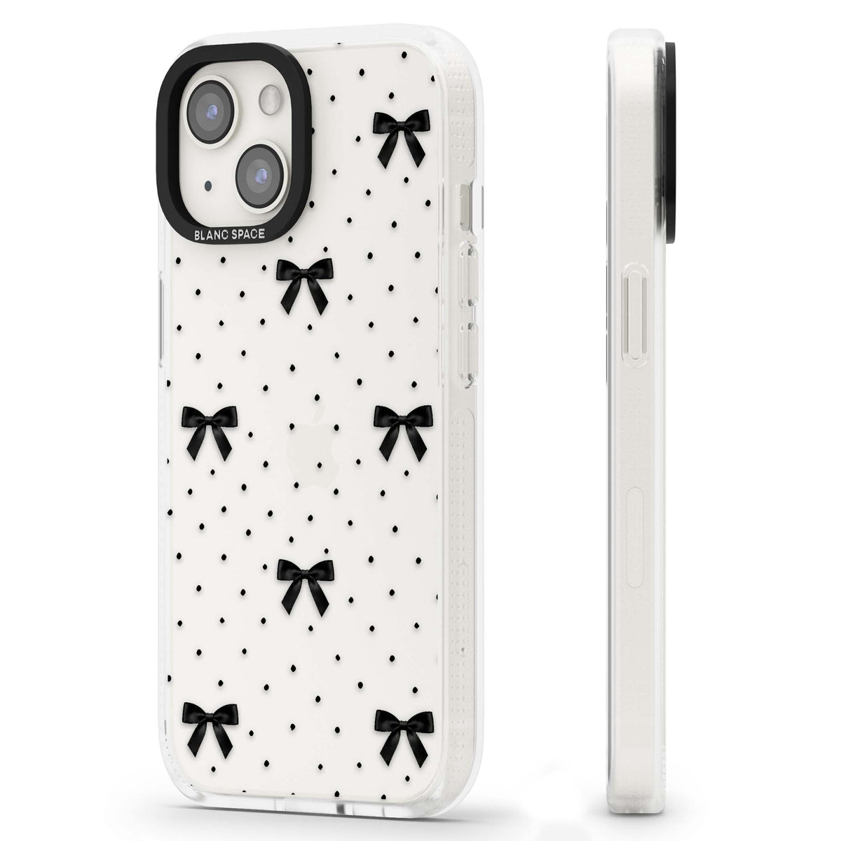 Black Polka Bows coquette iPhone case featuring scattered black satin bows and tiny polka dots on a clear base | Clear Case Impact Air case for iPhone 15, iPhone 15 Plus
