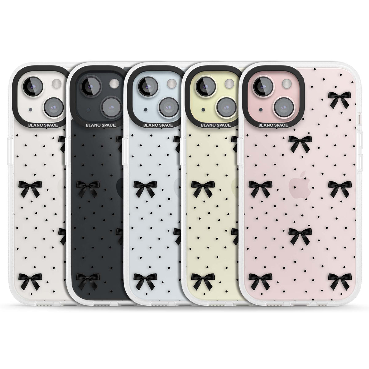 Black Polka Bows coquette iPhone case featuring scattered black satin bows and tiny polka dots on a clear base | Clear Case Impact Air case for iPhone 15, iPhone 15 Plus