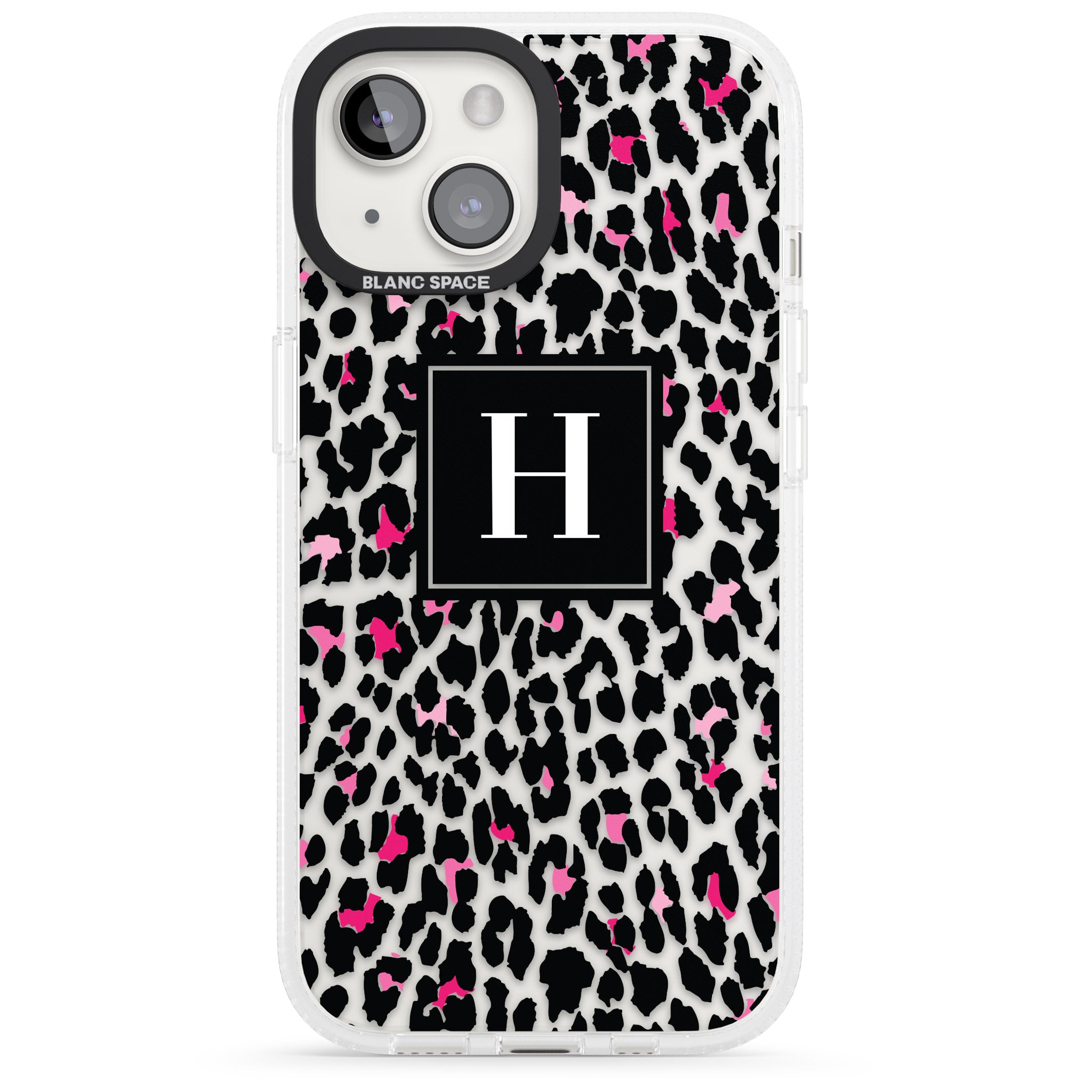 Personalised Pink Monogram Leopard Spots iPhone 15 / 14 / 13 Clear Case Impact Air - Blanc Space