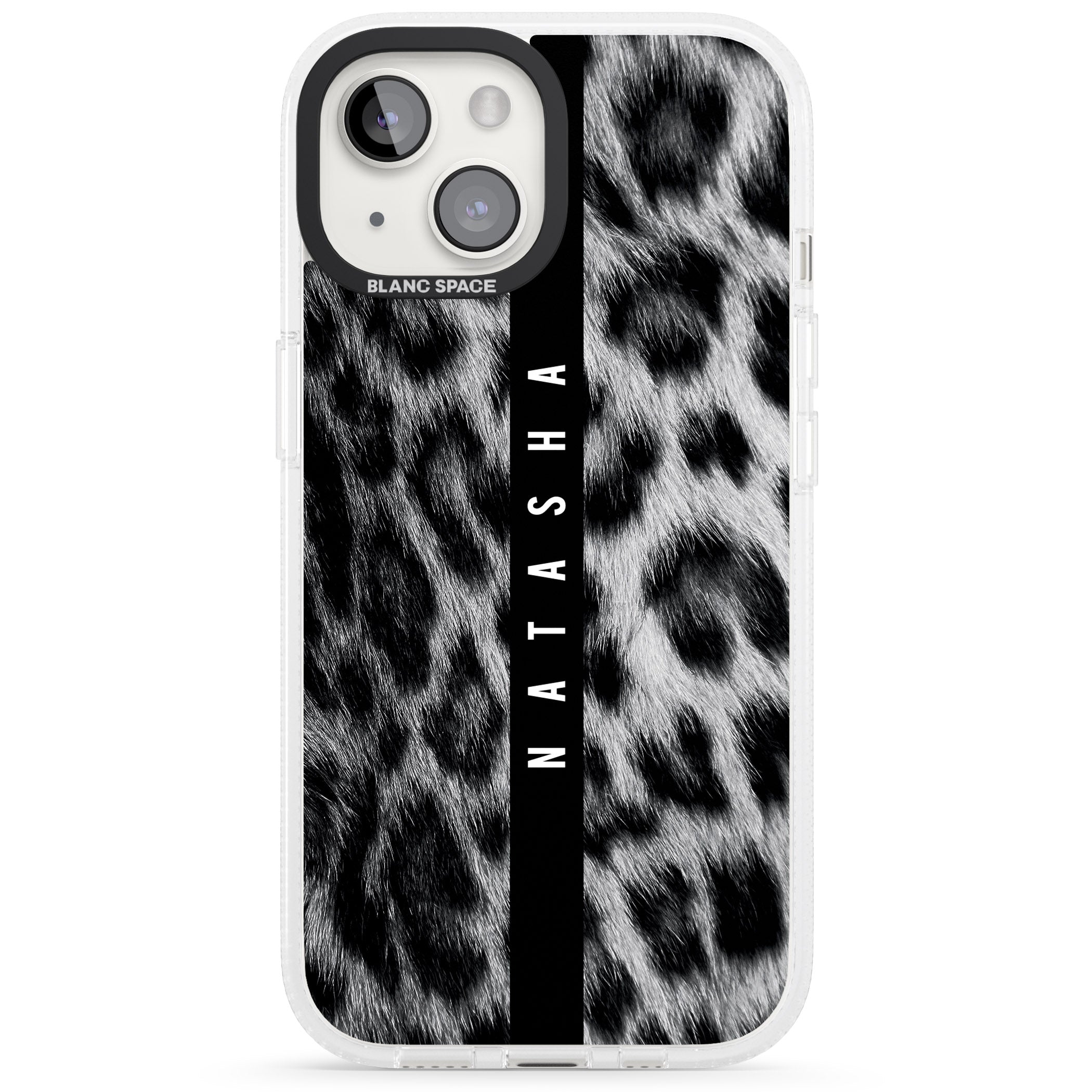 Personalised Snow Leopard Print iPhone 15 / 14 / 13 Clear Case Impact Air - Blanc Space