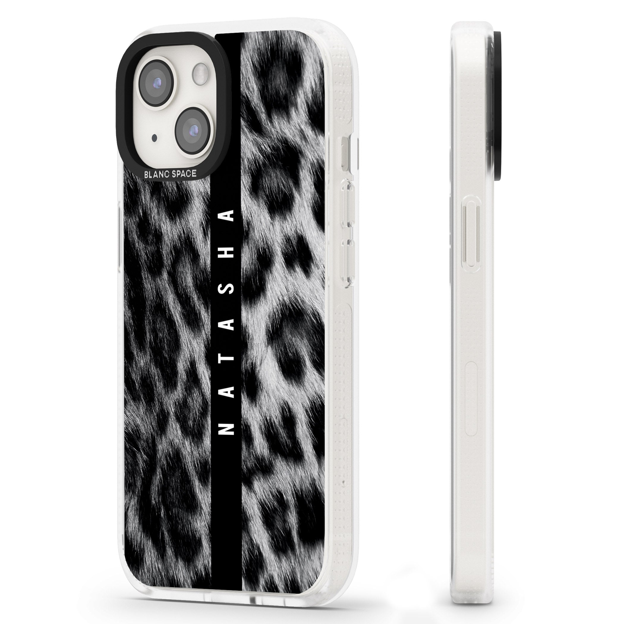 Personalised Snow Leopard Print iPhone 15 / 14 / 13 Clear Case Impact Air - Blanc Space