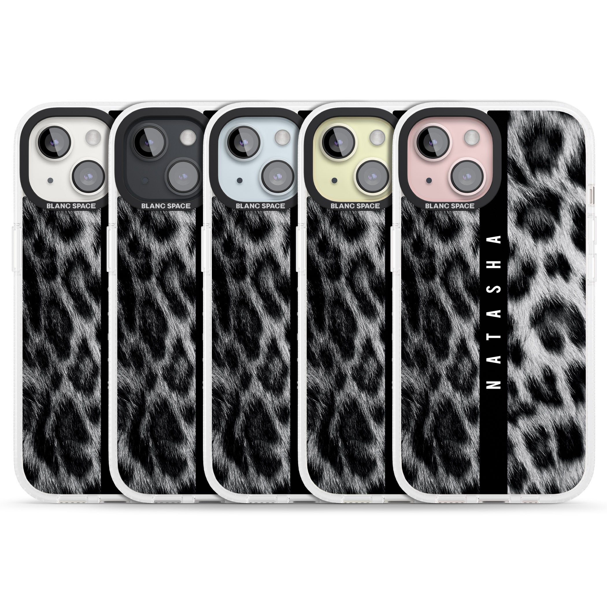 Personalised Snow Leopard Print iPhone 15 / 14 / 13 Clear Case Impact Air - Blanc Space