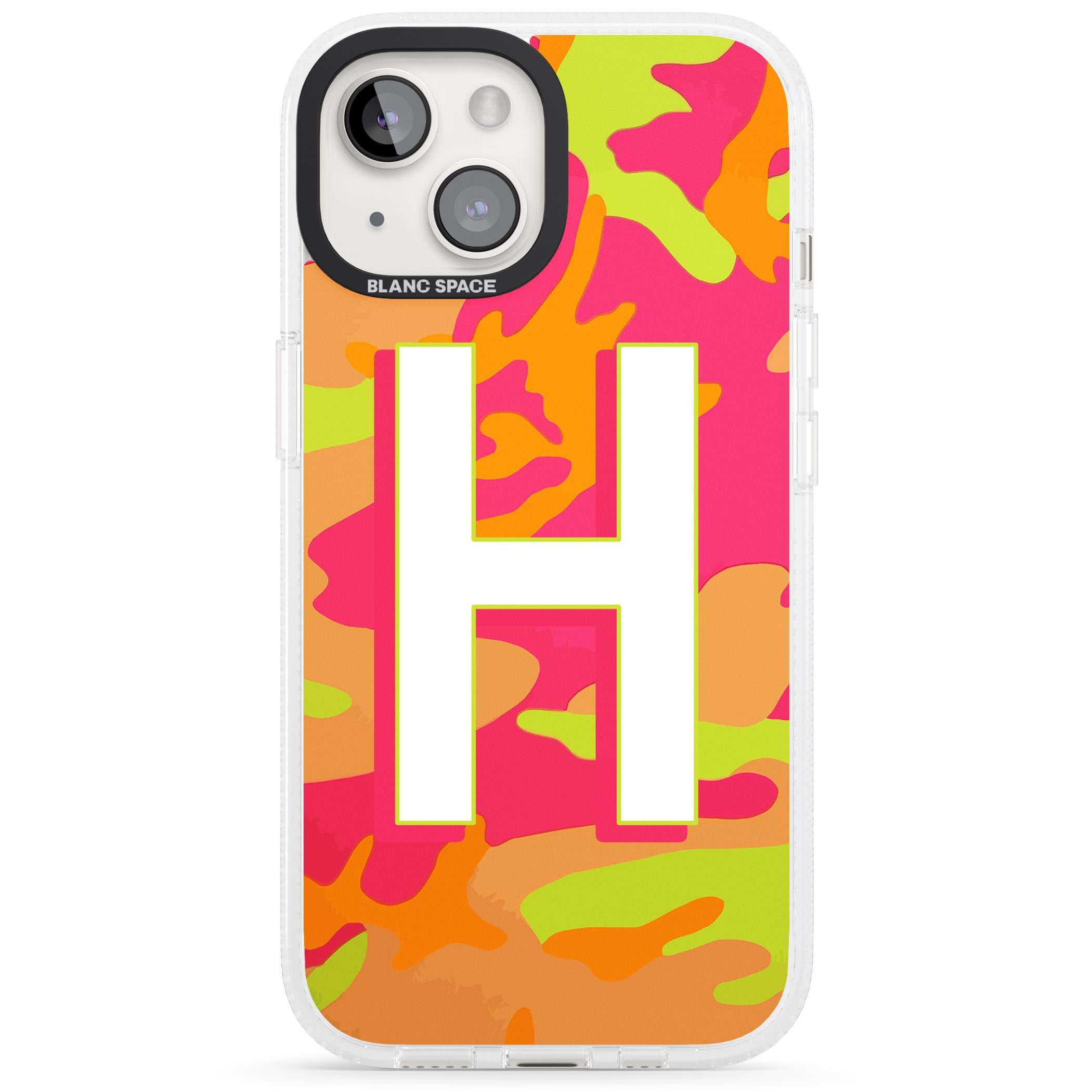 Personalised Bright Neon Camo Solid Monogram iPhone 15 / 14 / 13 Clear Case Impact Air - Blanc Space