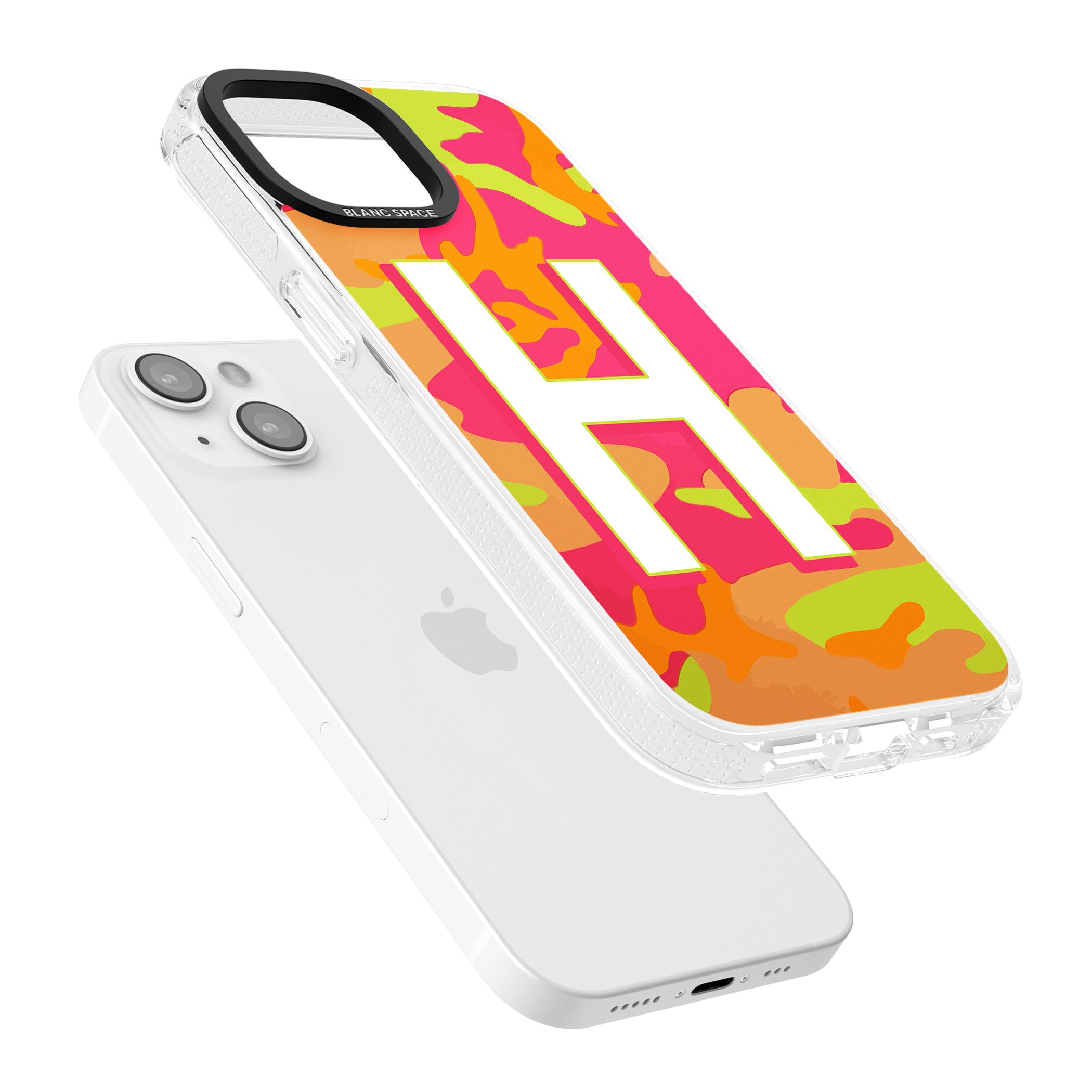 Personalised Bright Neon Camo Solid Monogram iPhone 15 / 14 / 13 Clear Case Impact Air - Blanc Space