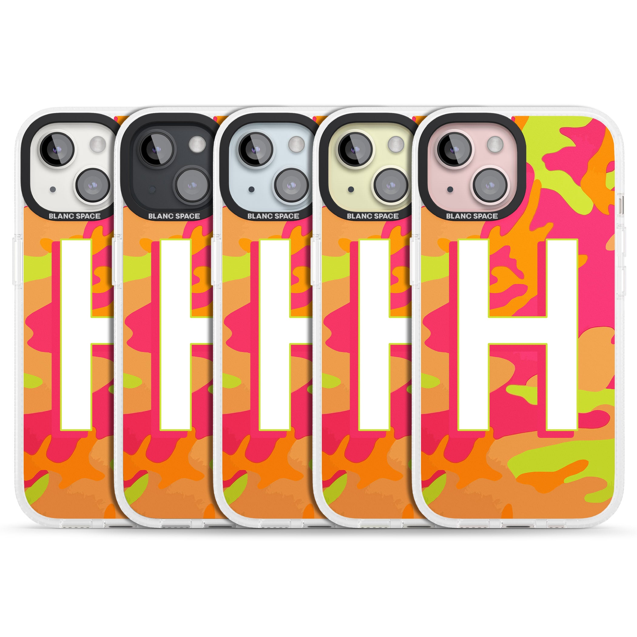 Personalised Bright Neon Camo Solid Monogram iPhone 15 / 14 / 13 Clear Case Impact Air - Blanc Space