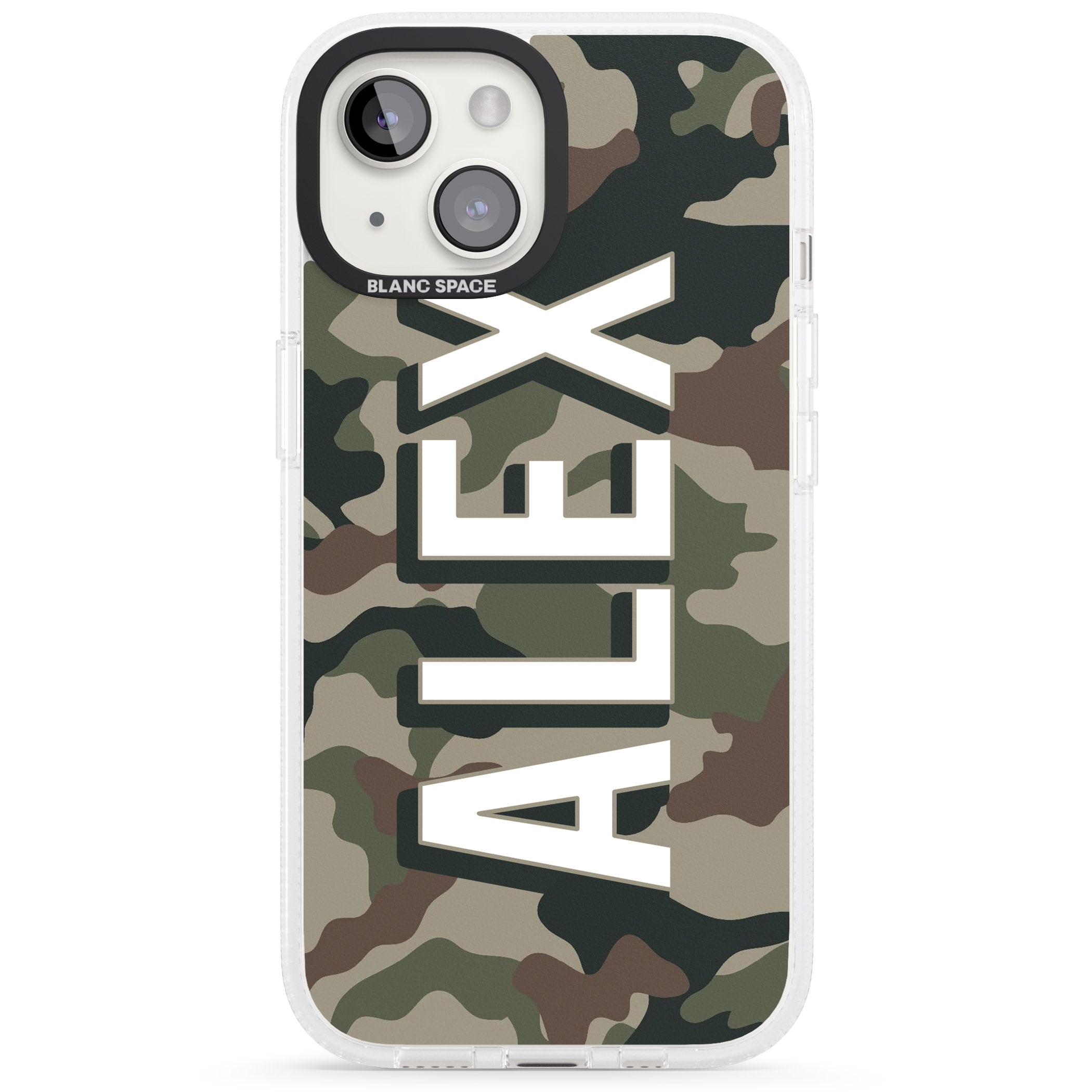 Personalised Classic Green Camo iPhone 15 / 14 / 13 Clear Case Impact Air - Blanc Space