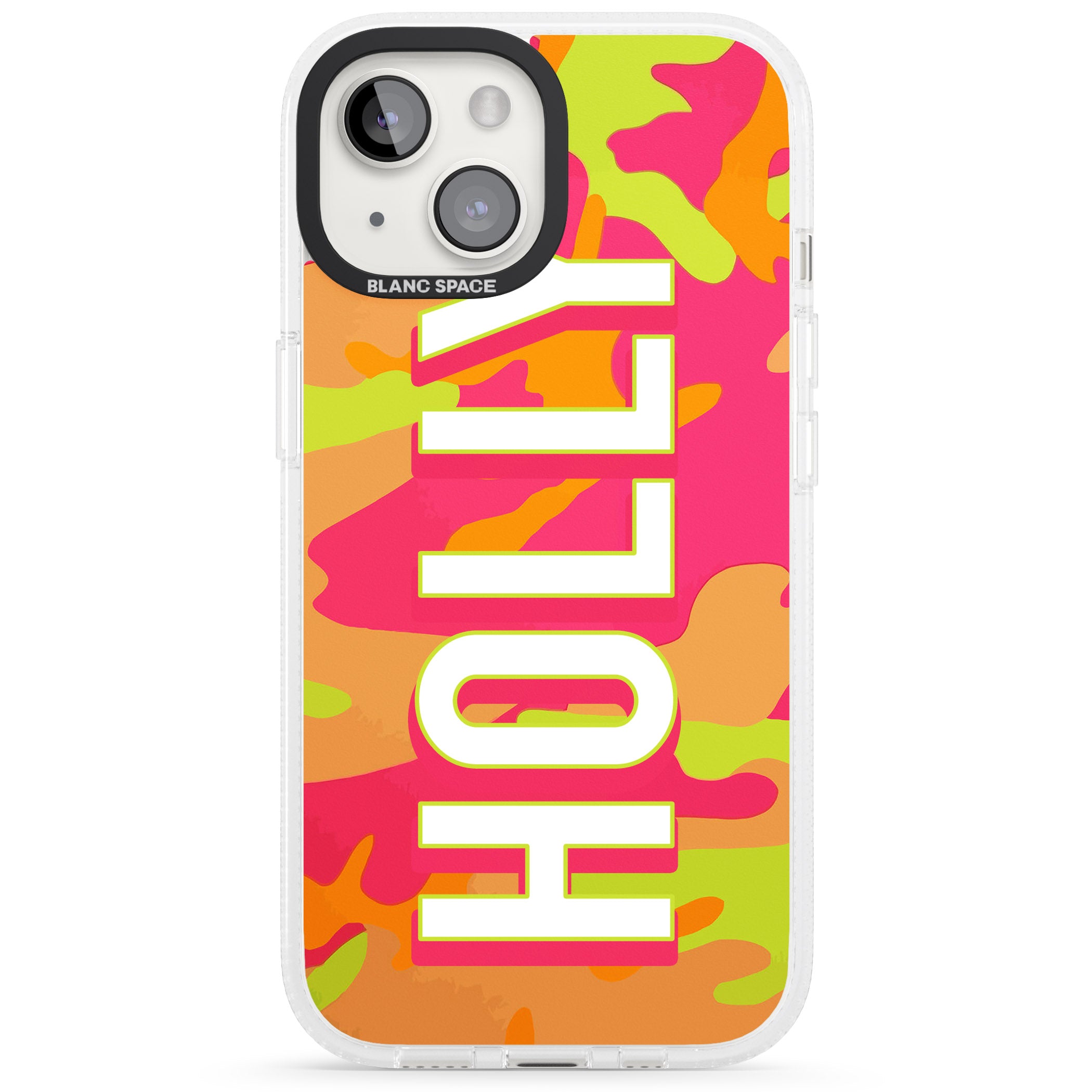 Personalised Colourful Neon Camo iPhone 15 / 14 / 13 Clear Case Impact Air - Blanc Space