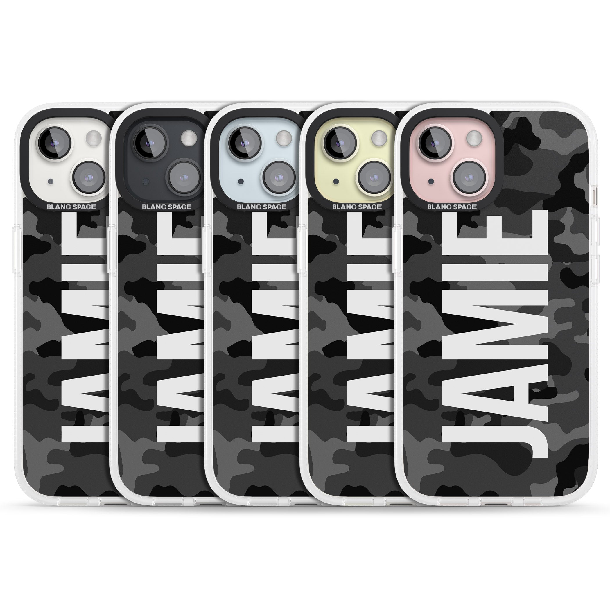 Personalised Vertical Name Black Camouflage iPhone 15 / 14 / 13 Clear Case Impact Air - Blanc Space