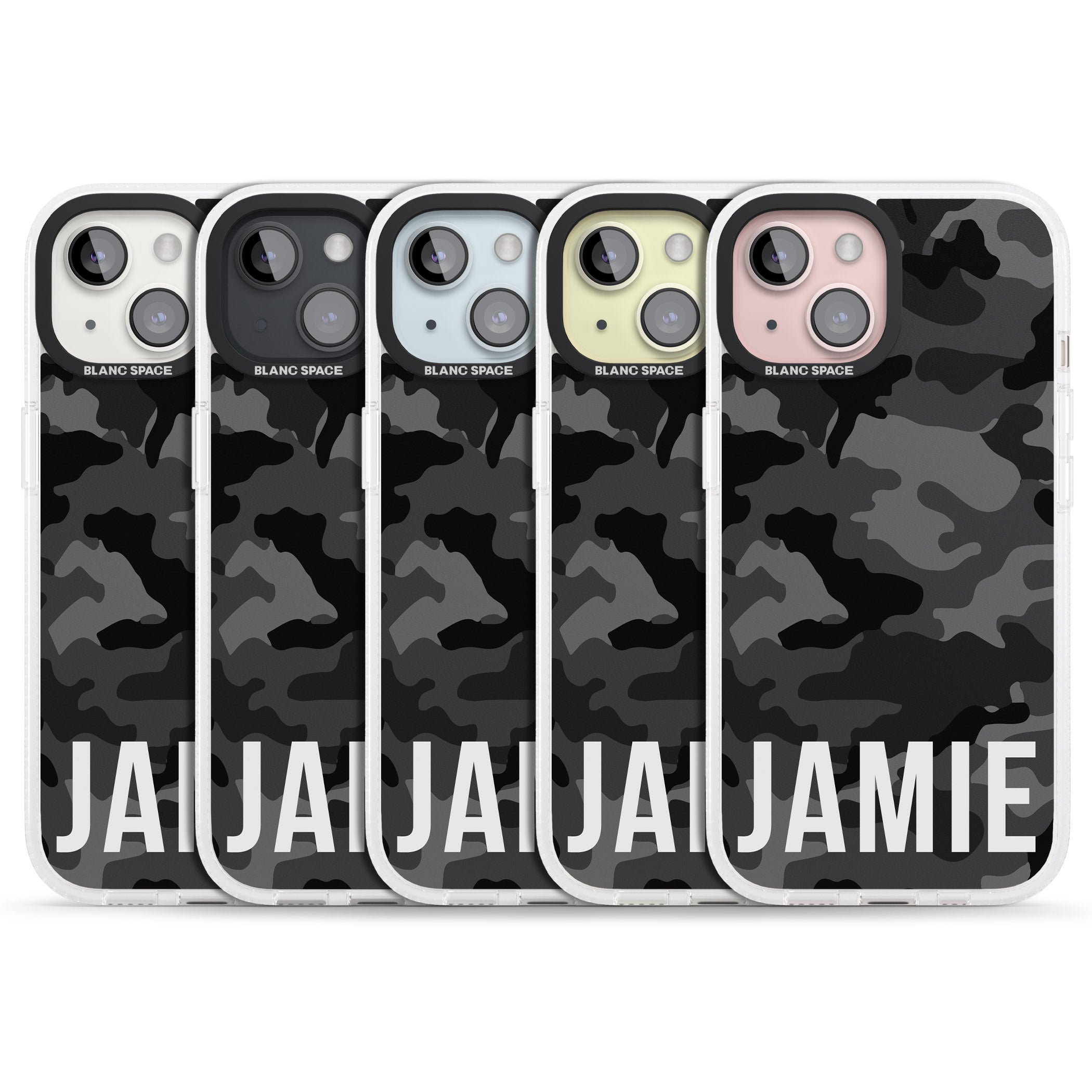 Personalised Horizontal Name Black Camouflage iPhone 15 / 14 / 13 Clear Case Impact Air - Blanc Space