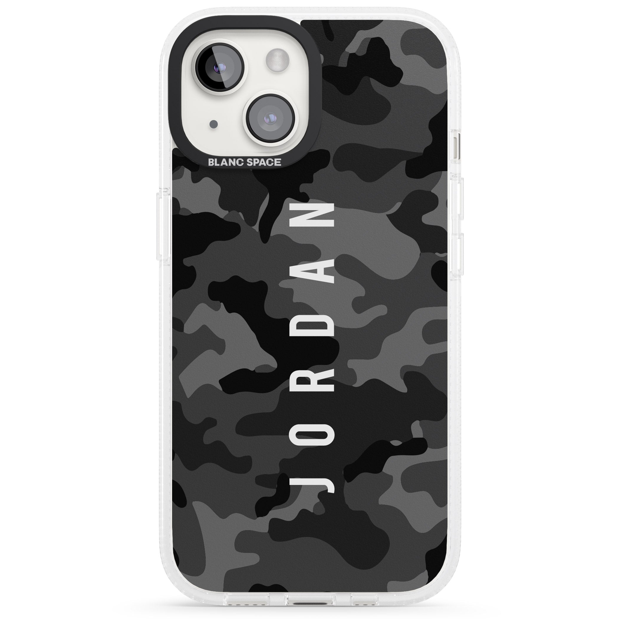 Personalised Small Vertical Name Black Camouflage iPhone 15 / 14 / 13 Clear Case Impact Air - Blanc Space