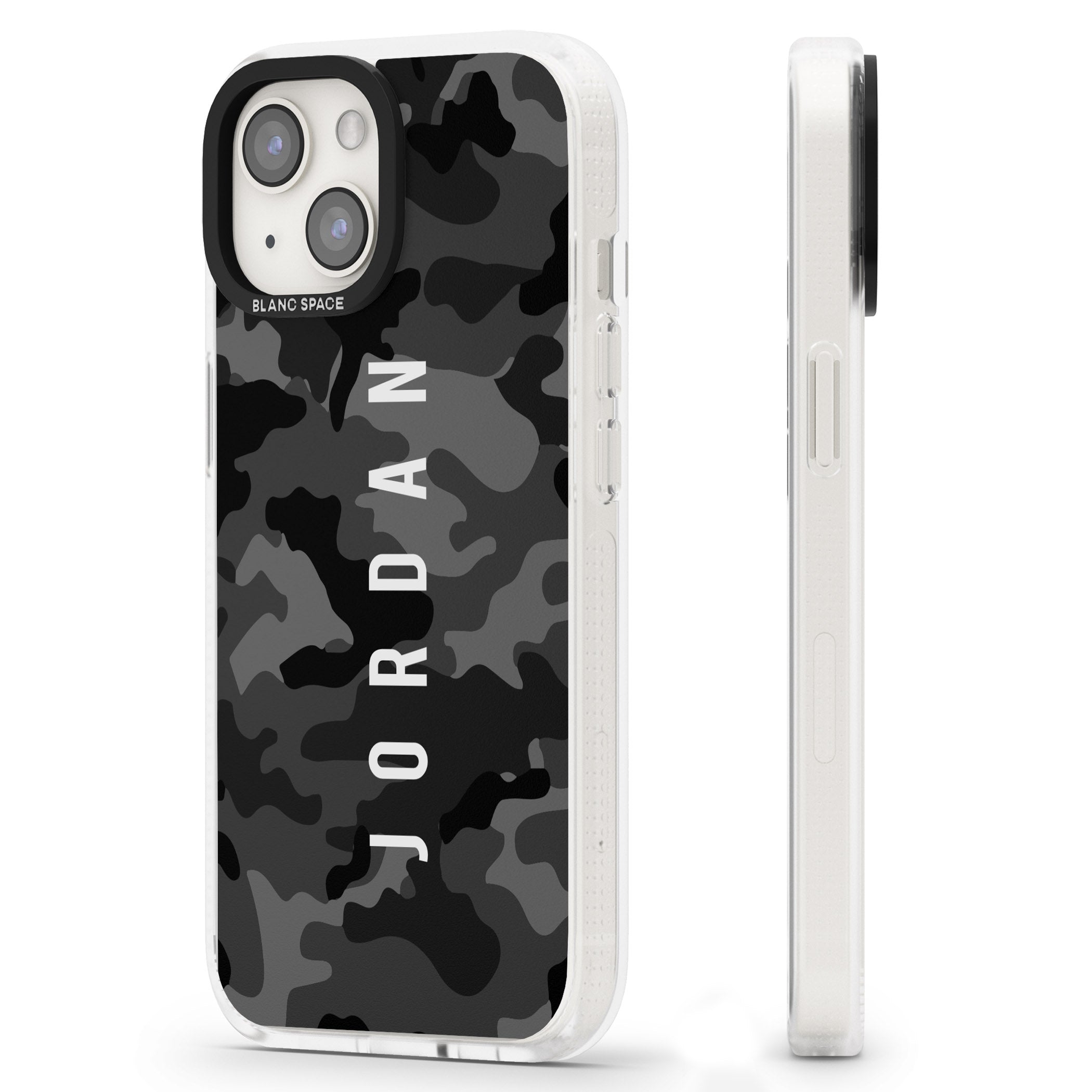 Personalised Small Vertical Name Black Camouflage iPhone 15 / 14 / 13 Clear Case Impact Air - Blanc Space
