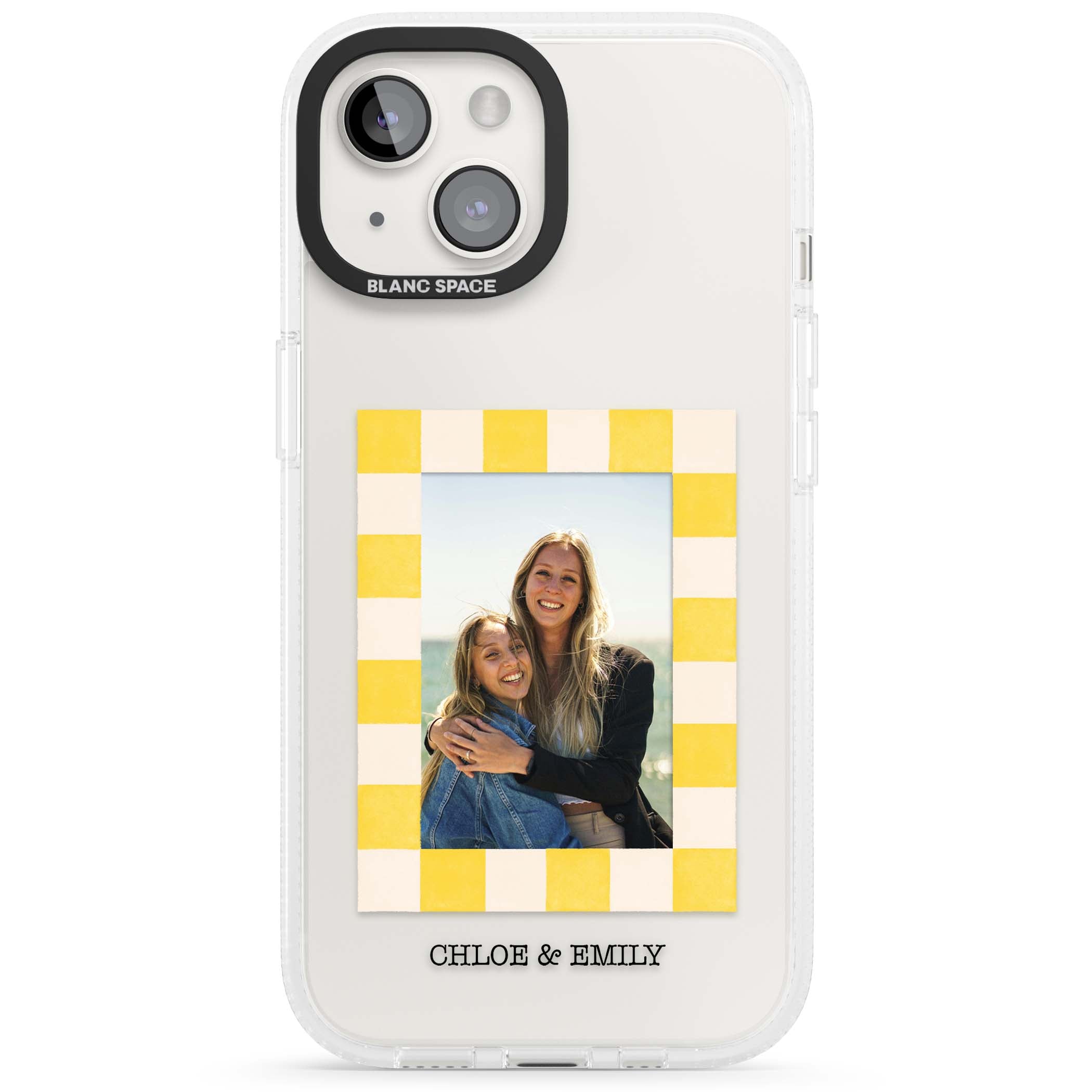 Yellow Check Photo personalised iPhone case with yellow checkered Polaroid frame and custom names beneath | Clear Case Impact Air case for iPhone 15, iPhone 15 Plus
