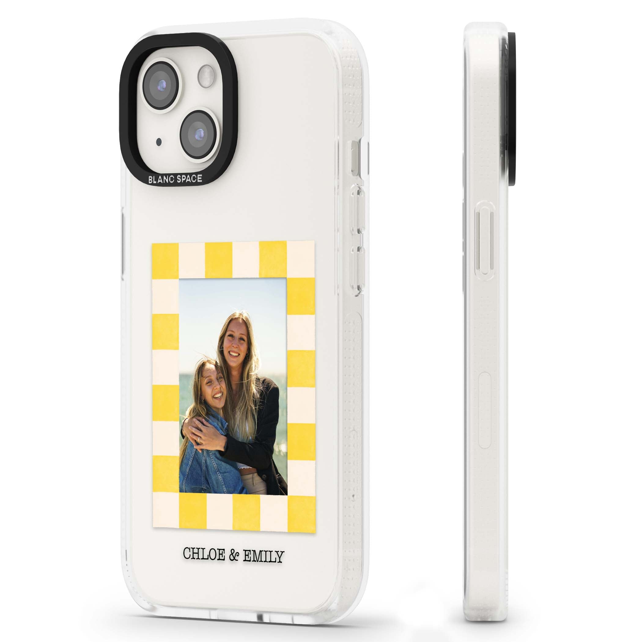 Yellow Check Photo personalised iPhone case with yellow checkered Polaroid frame and custom names beneath | Clear Case Impact Air case for iPhone 15, iPhone 15 Plus