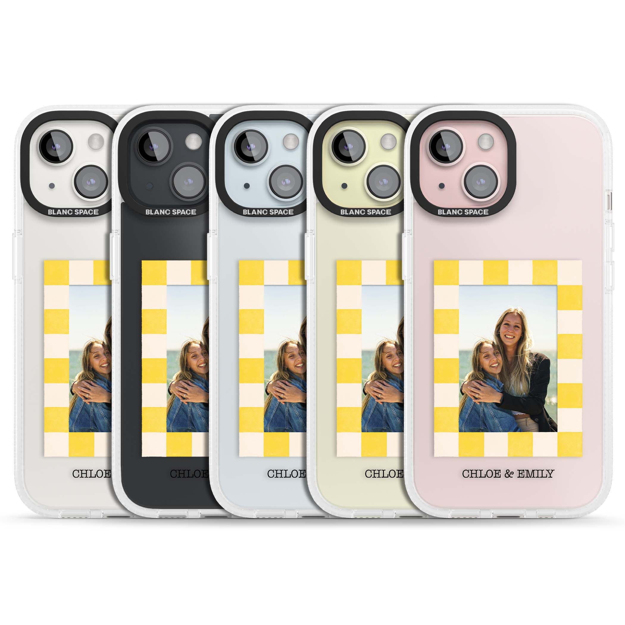 Yellow Check Photo personalised iPhone case with yellow checkered Polaroid frame and custom names beneath | Clear Case Impact Air case for iPhone 15, iPhone 15 Plus
