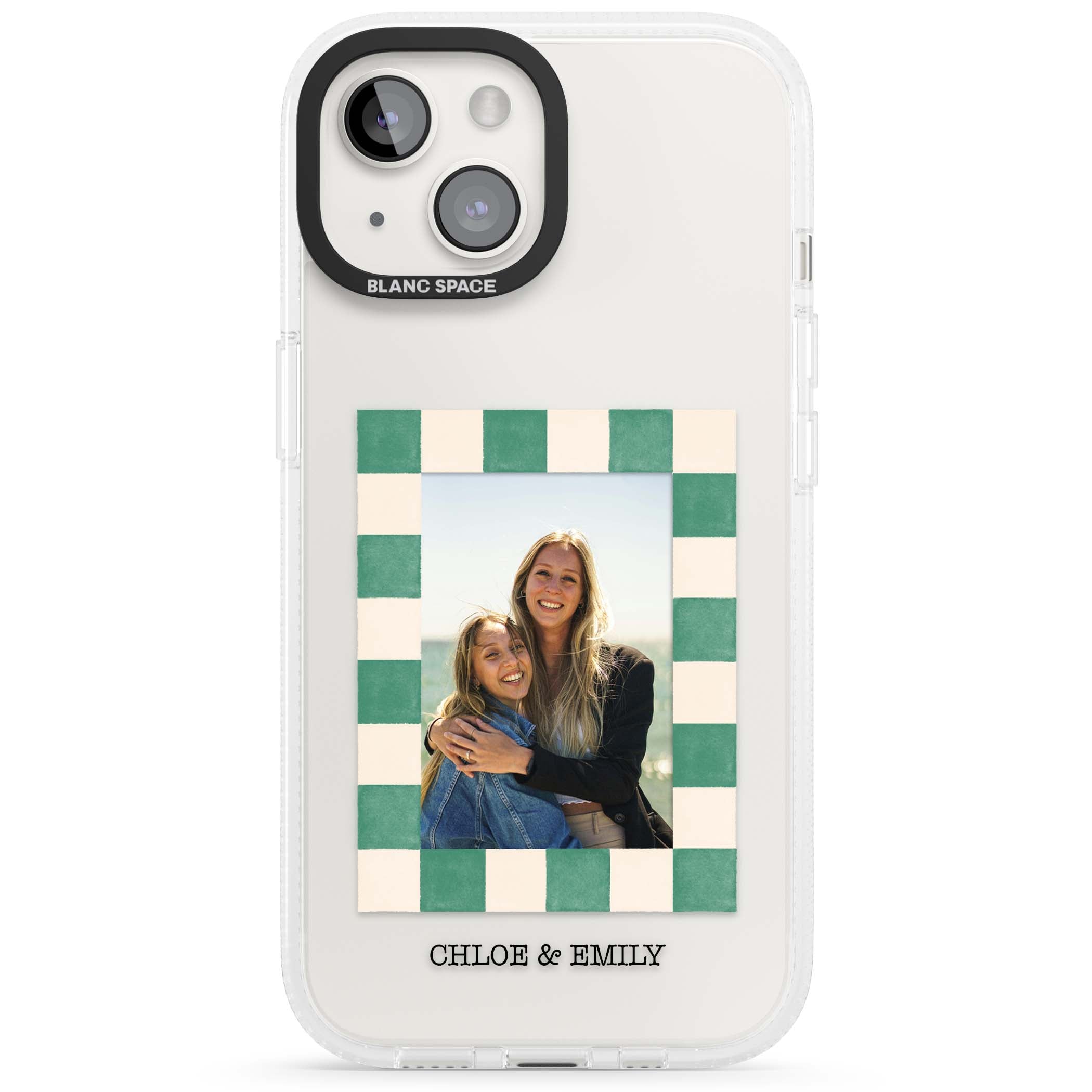 Seafoam Check Photo personalised iPhone case featuring a custom polaroid photo, green and cream checkered frame, and custom n | Clear Case Impact Air case for iPhone 15, iPhone 15 Plus