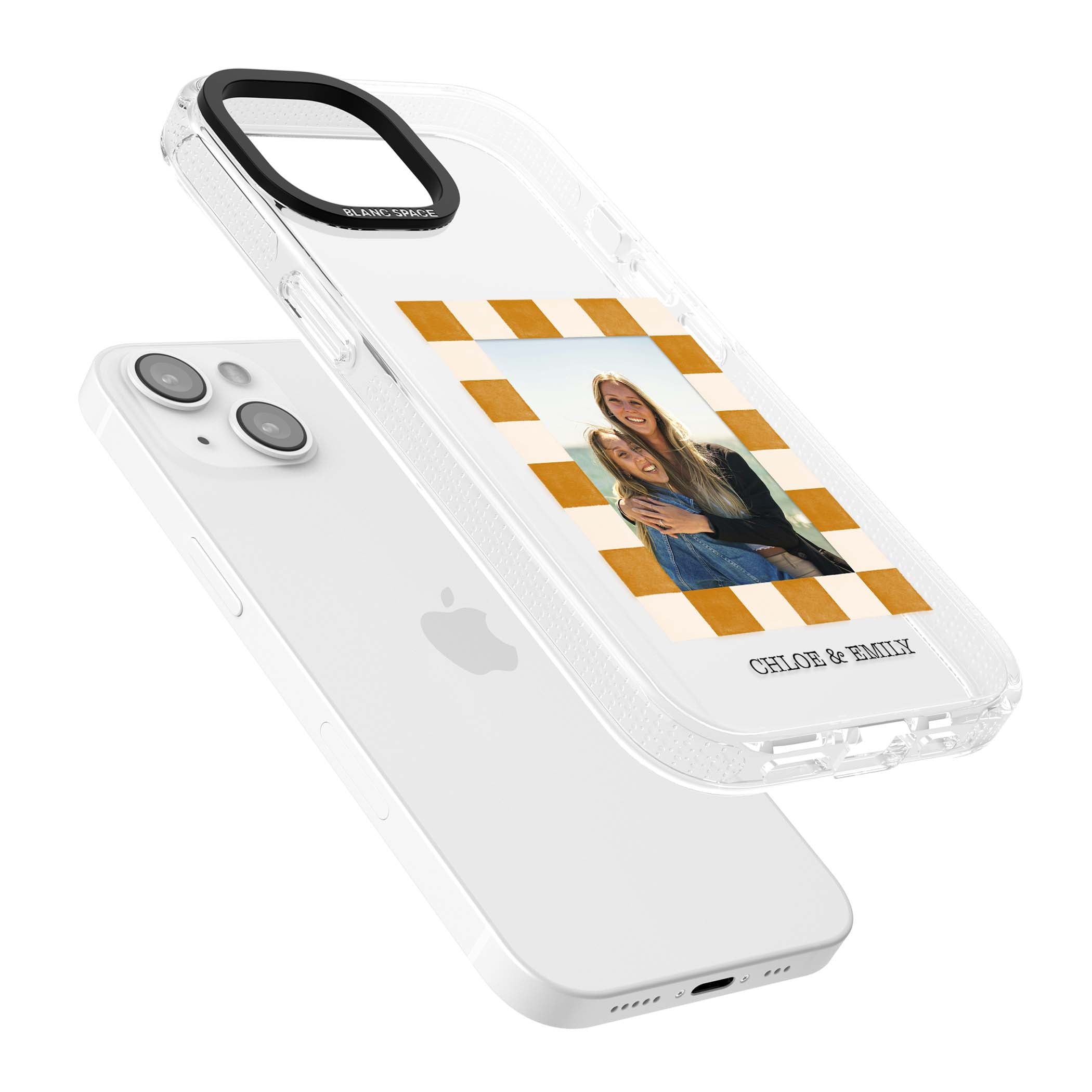 Citrus Check Photo personalised iPhone case with custom photo, orange checkered frame and names underneath | Clear Case Impact Air case for iPhone 15, iPhone 15 Plus