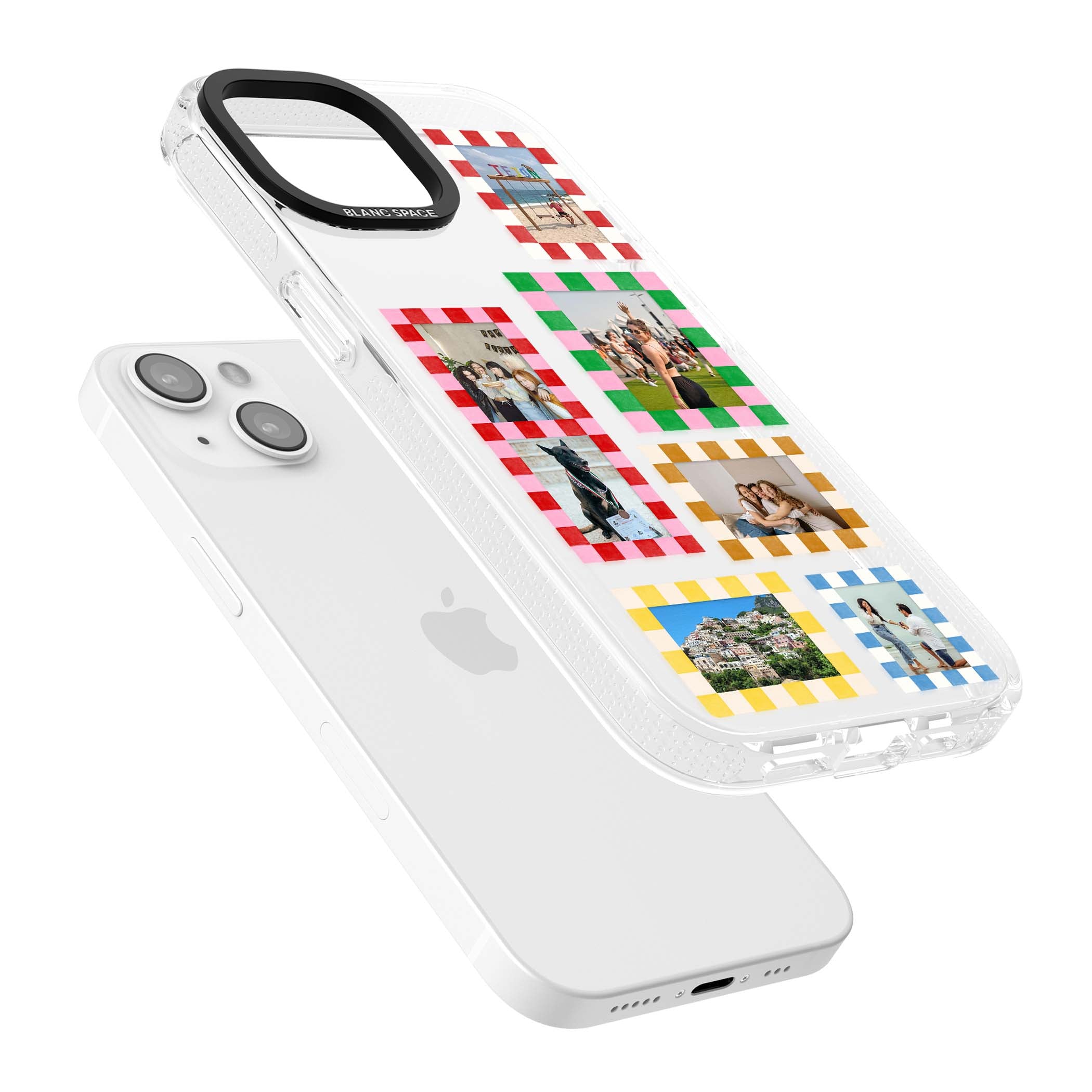 Italian Check Frames custom photo collage iPhone case featuring six checkered photo frames in red, green, pink and | Clear Case Impact Air case for iPhone 15, iPhone 15 Plus