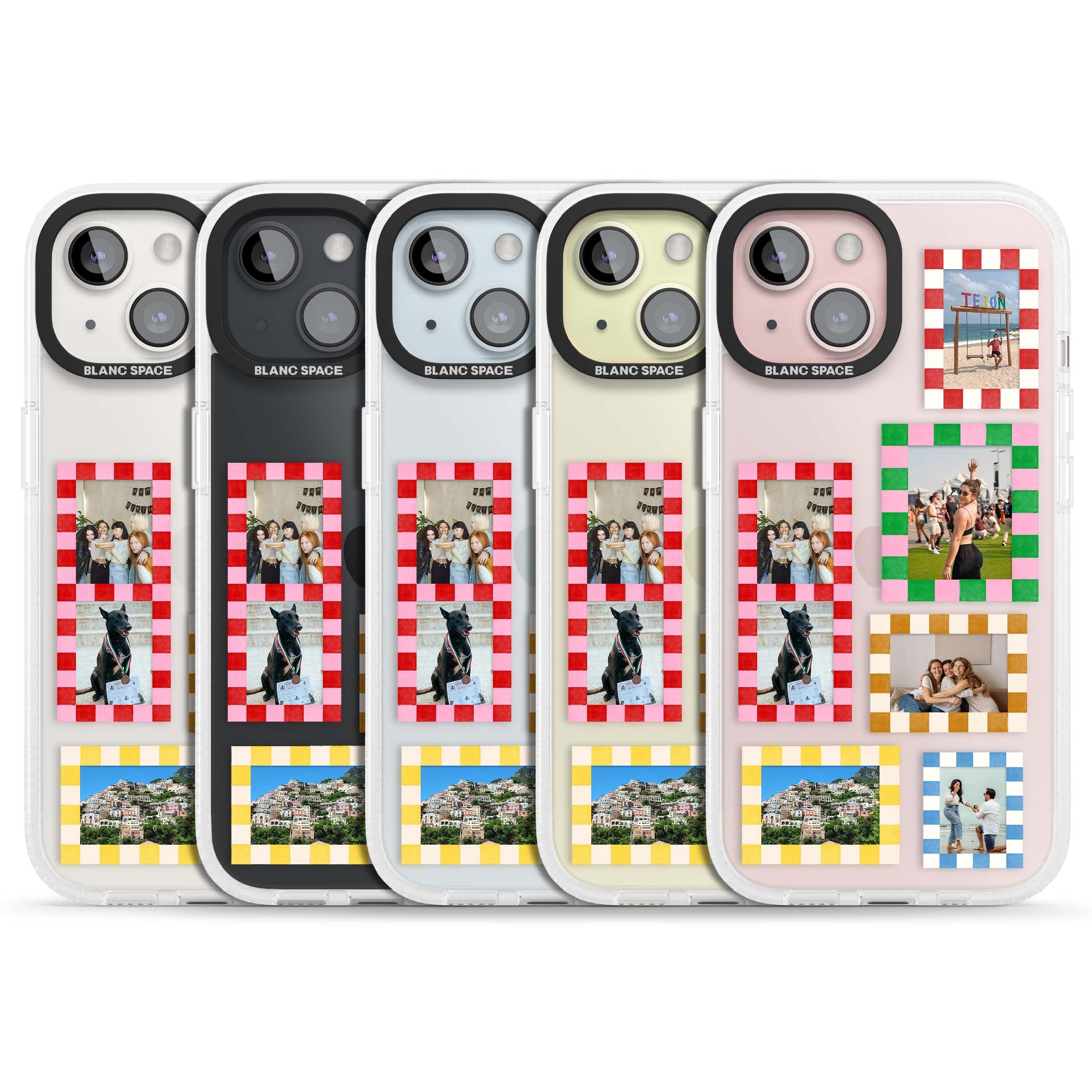Italian Check Frames custom photo collage iPhone case featuring six checkered photo frames in red, green, pink and | Clear Case Impact Air case for iPhone 15, iPhone 15 Plus