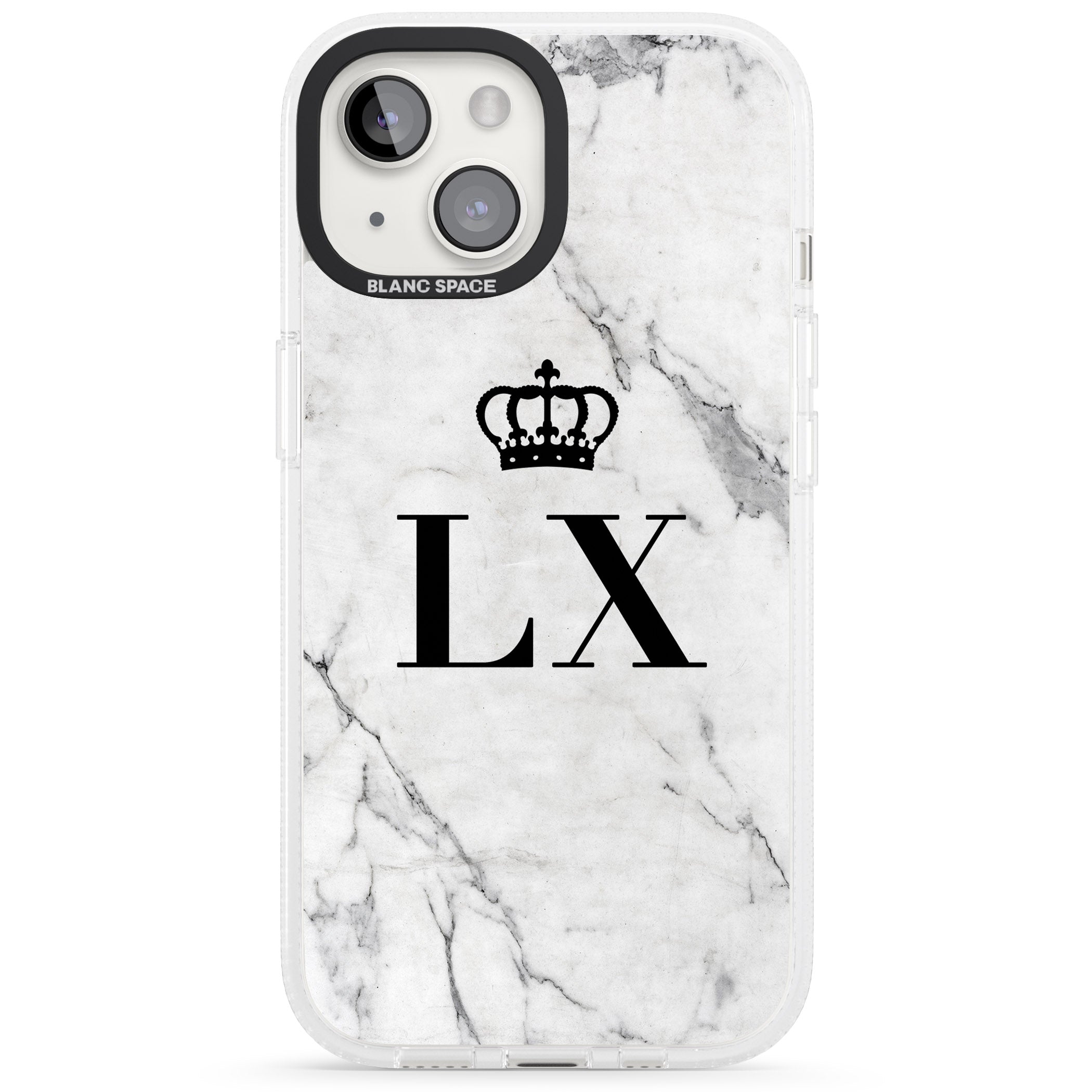 Personalised Initials with Crown on White Marble iPhone 15 / 14 / 13 Clear Case Impact Air - Blanc Space