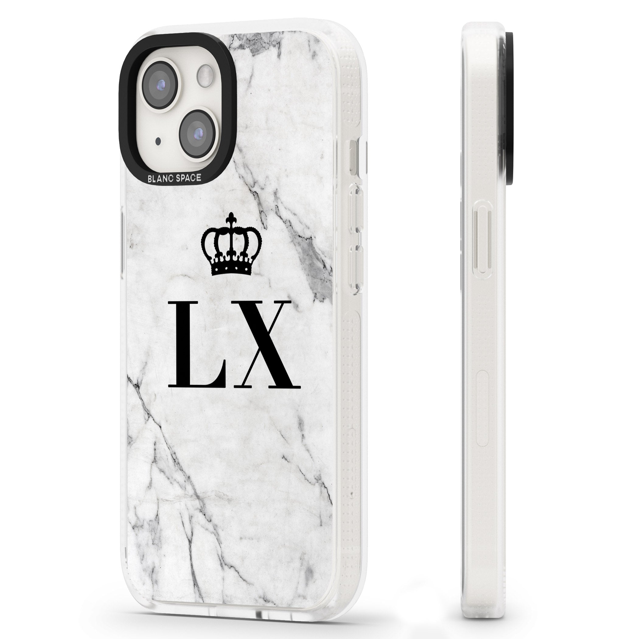 Personalised Initials with Crown on White Marble iPhone 15 / 14 / 13 Clear Case Impact Air - Blanc Space