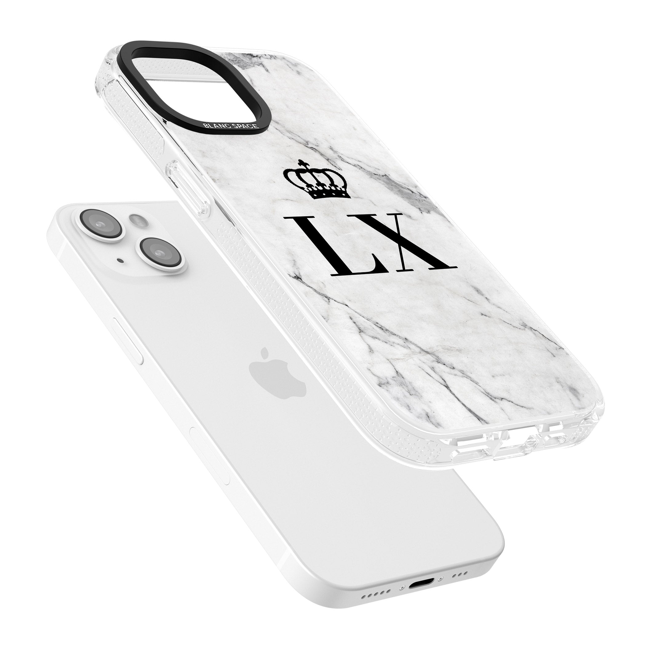 Personalised Initials with Crown on White Marble iPhone 15 / 14 / 13 Clear Case Impact Air - Blanc Space