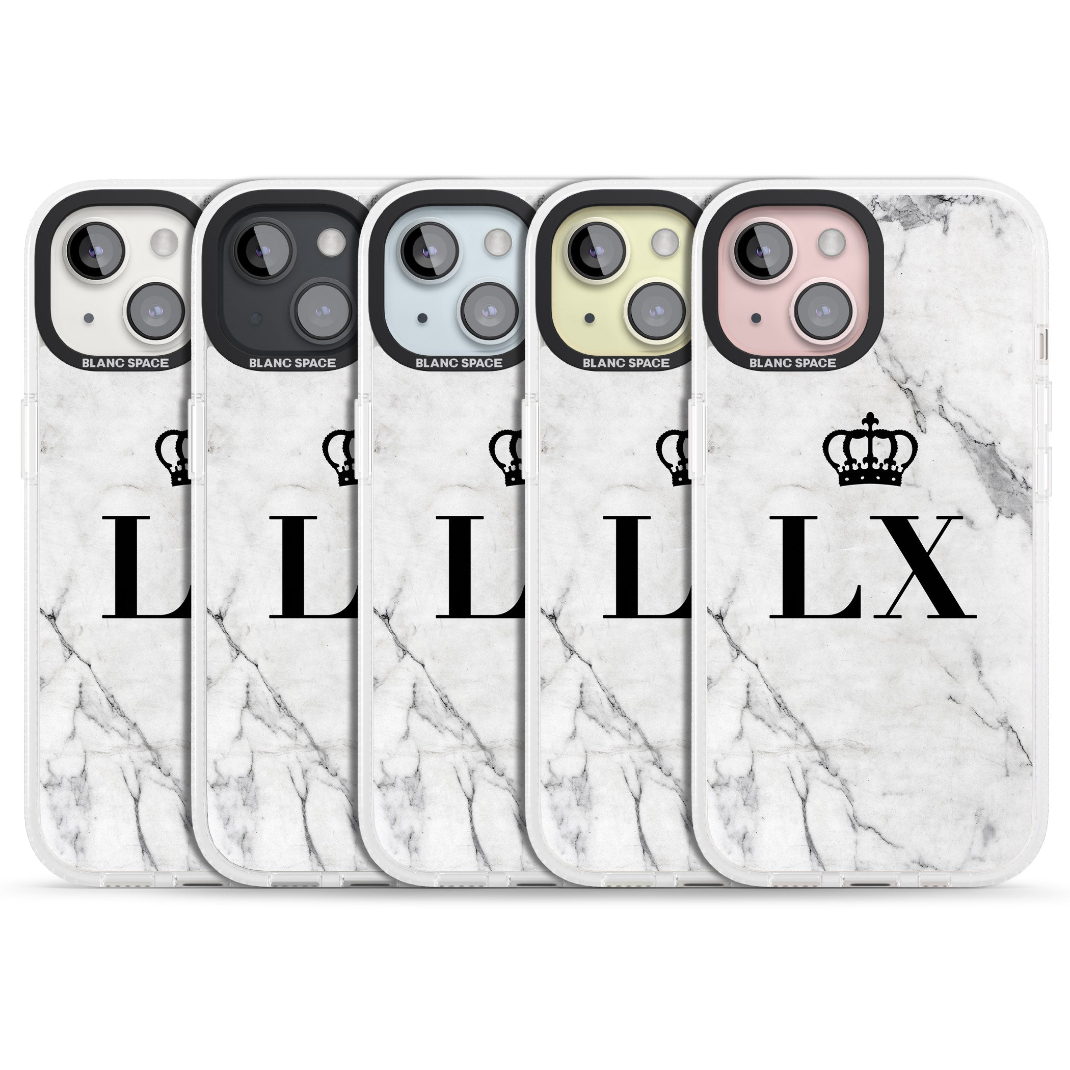 Personalised Initials with Crown on White Marble iPhone 15 / 14 / 13 Clear Case Impact Air - Blanc Space