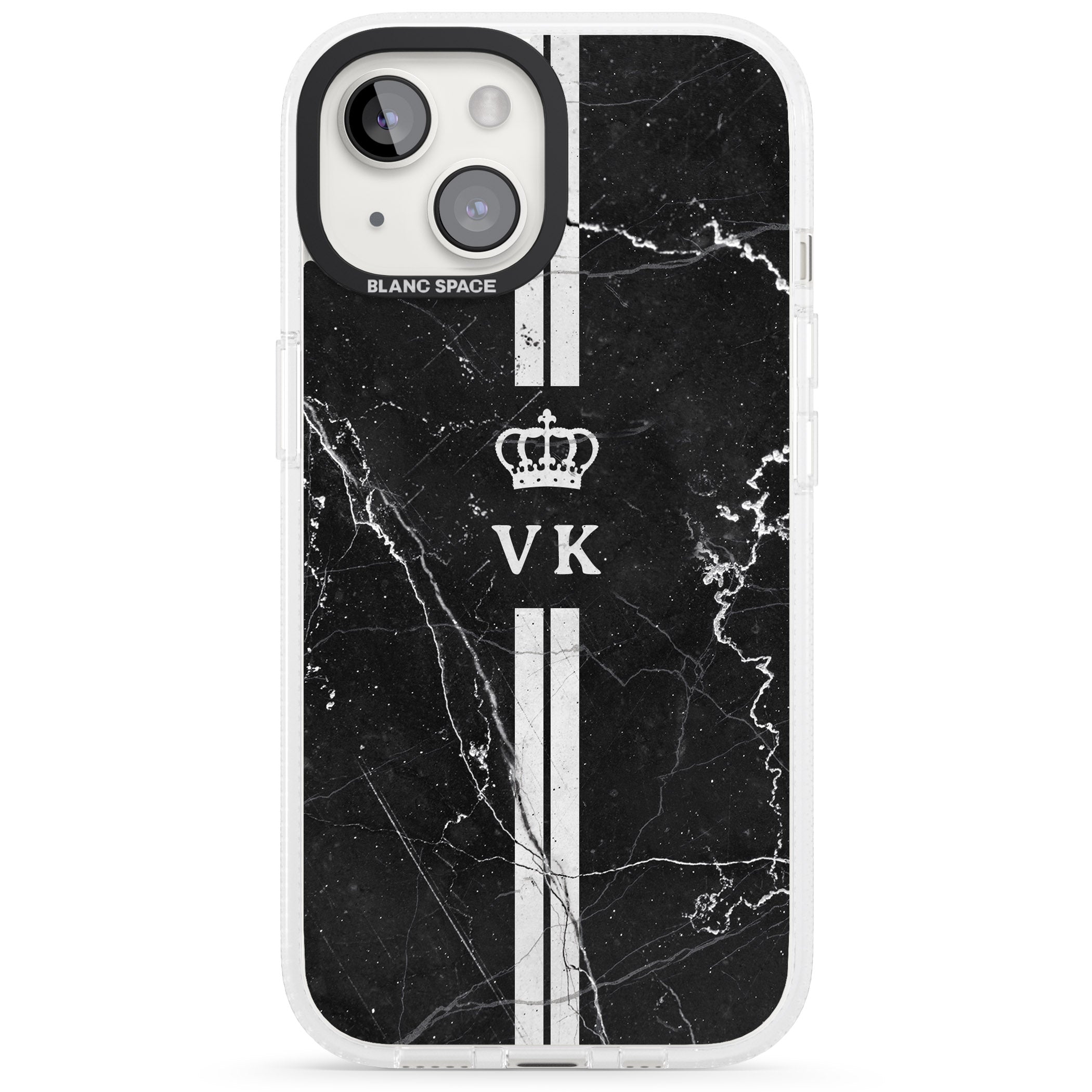 Personalised Stripes + Initials with Crown on Black Marble iPhone 15 / 14 / 13 Clear Case Impact Air - Blanc Space