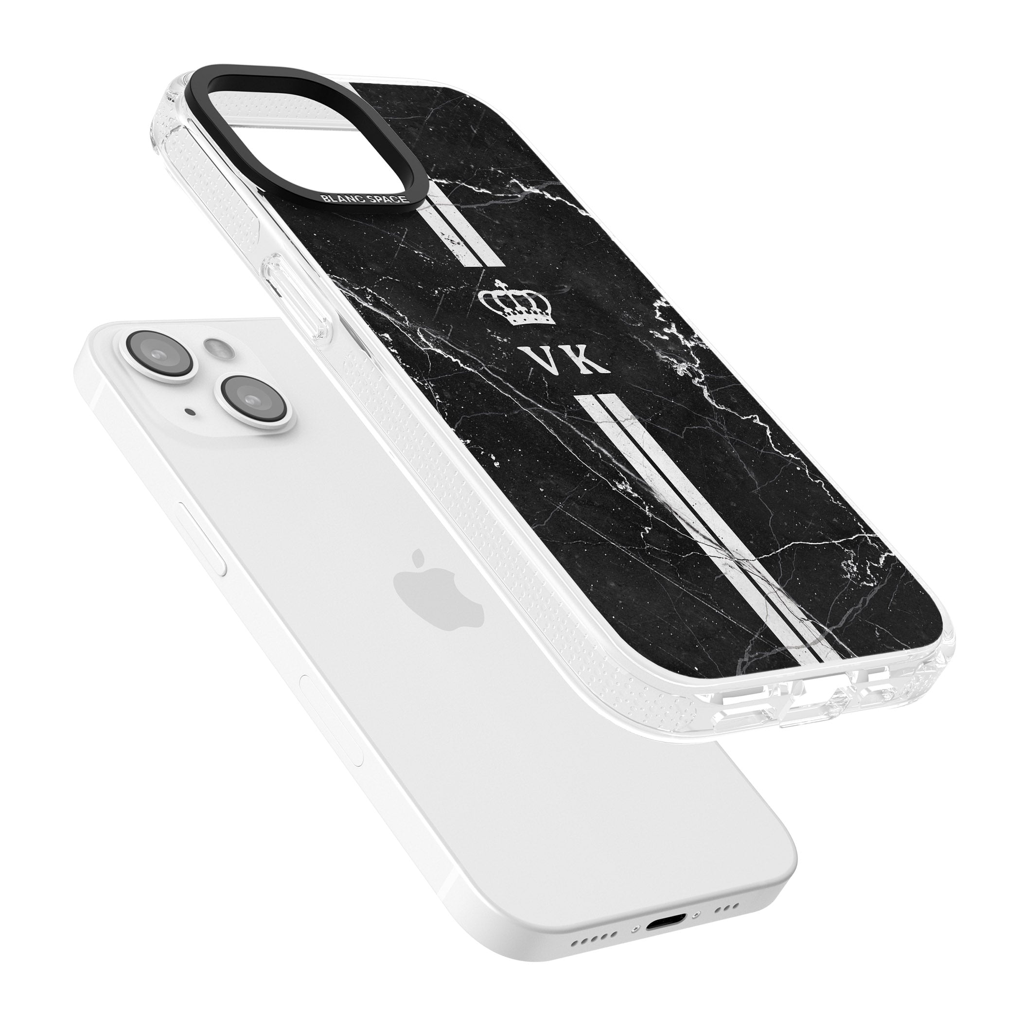 Personalised Stripes + Initials with Crown on Black Marble iPhone 15 / 14 / 13 Clear Case Impact Air - Blanc Space