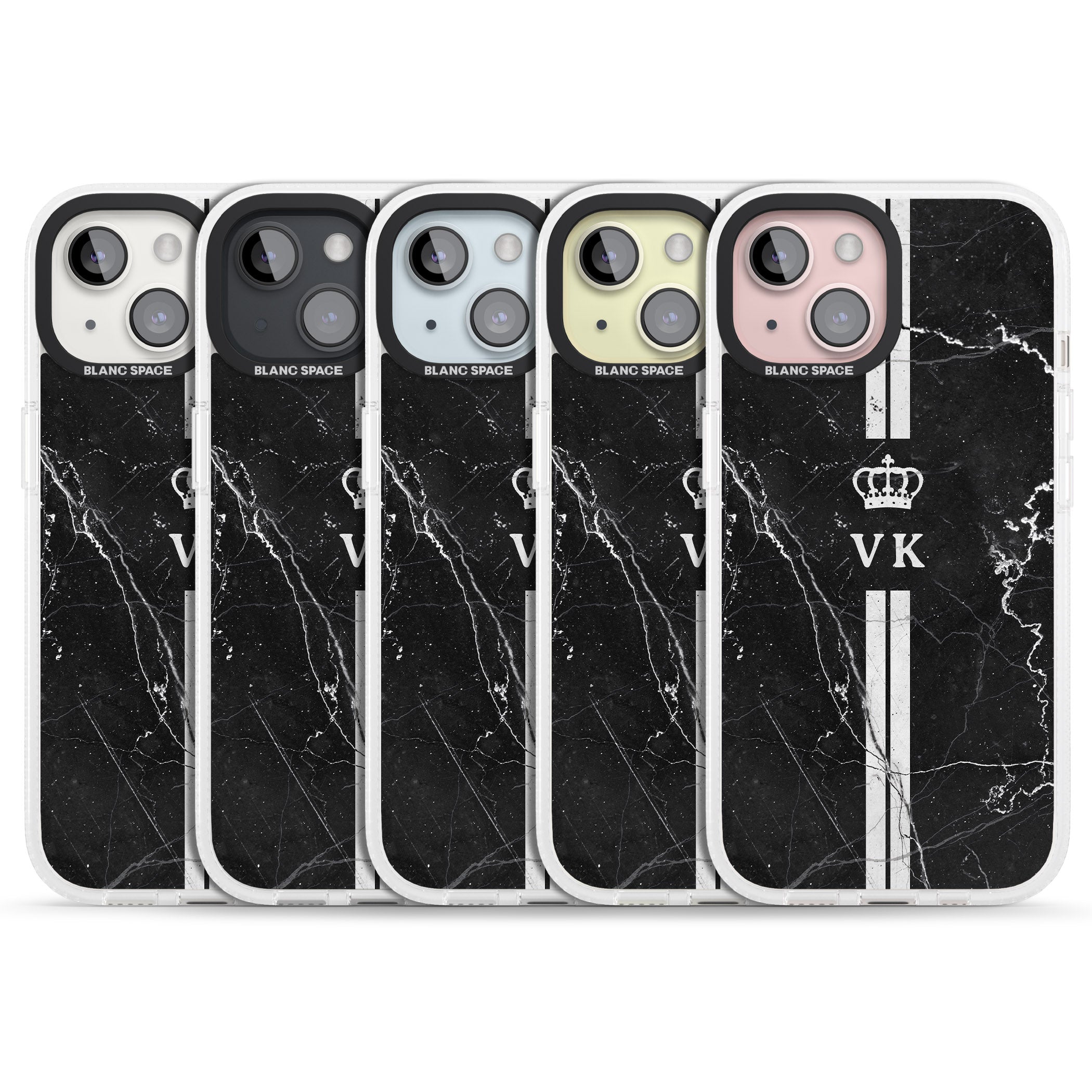 Personalised Stripes + Initials with Crown on Black Marble iPhone 15 / 14 / 13 Clear Case Impact Air - Blanc Space