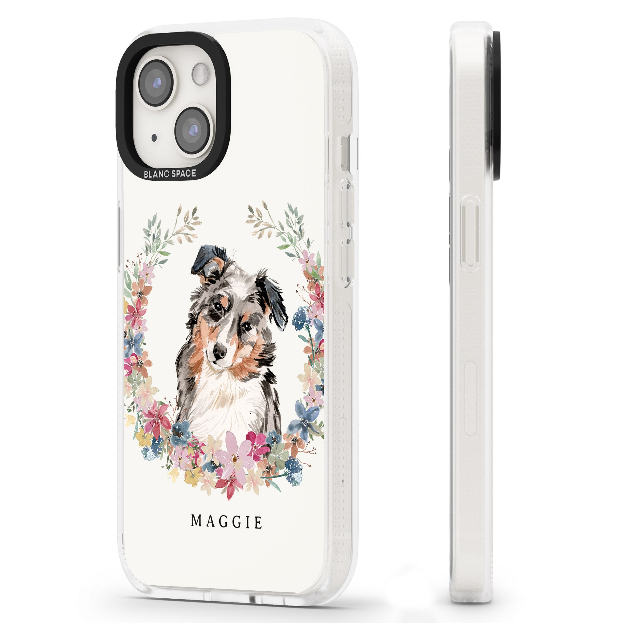 Personalised Australian Shepherd Watercolour Dog Portrait iPhone 15 / 14 / 13 Clear Case Impact Air - Blanc Space