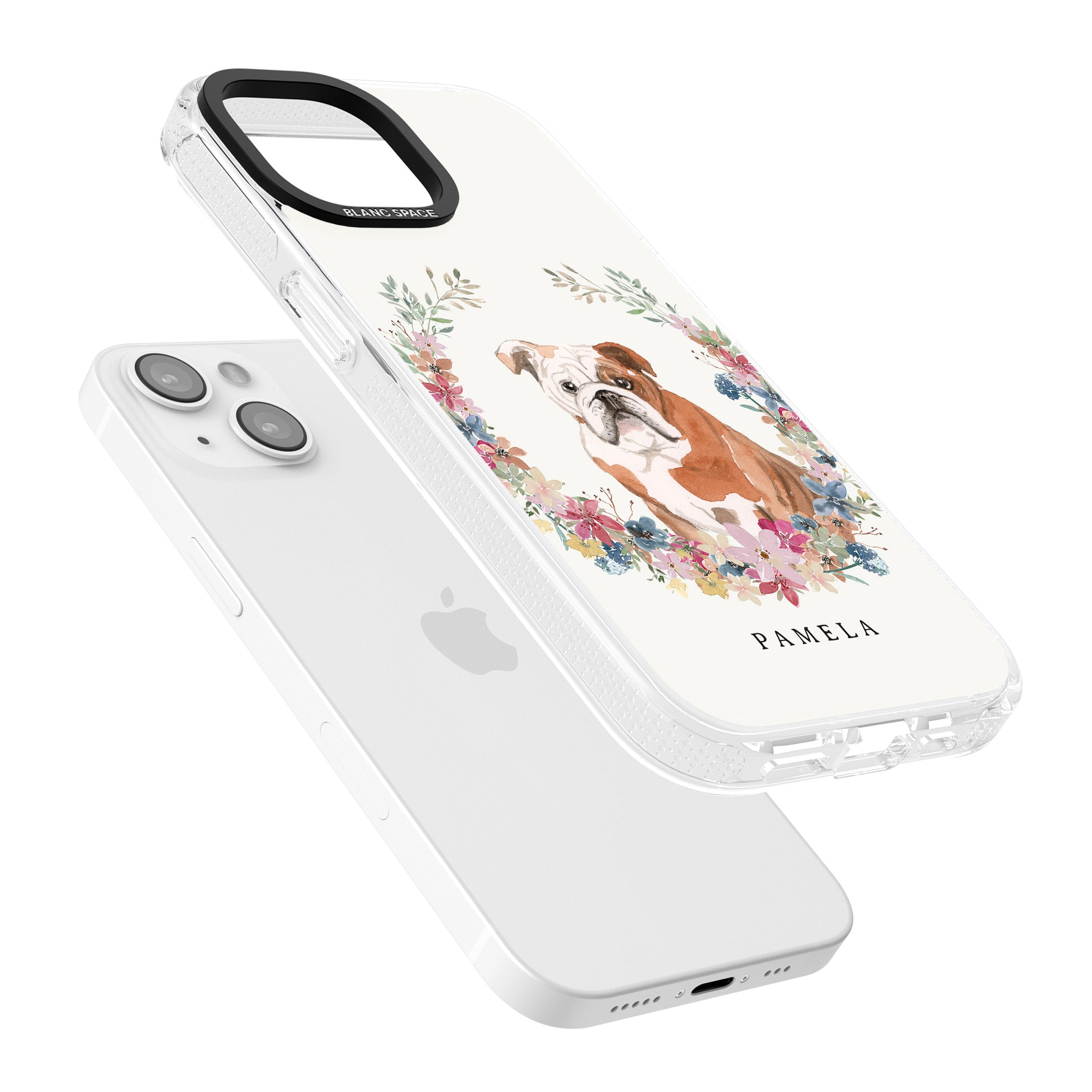 Personalised English Bulldog - Watercolour Dog Portrait iPhone 15 / 14 / 13 Clear Case Impact Air - Blanc Space