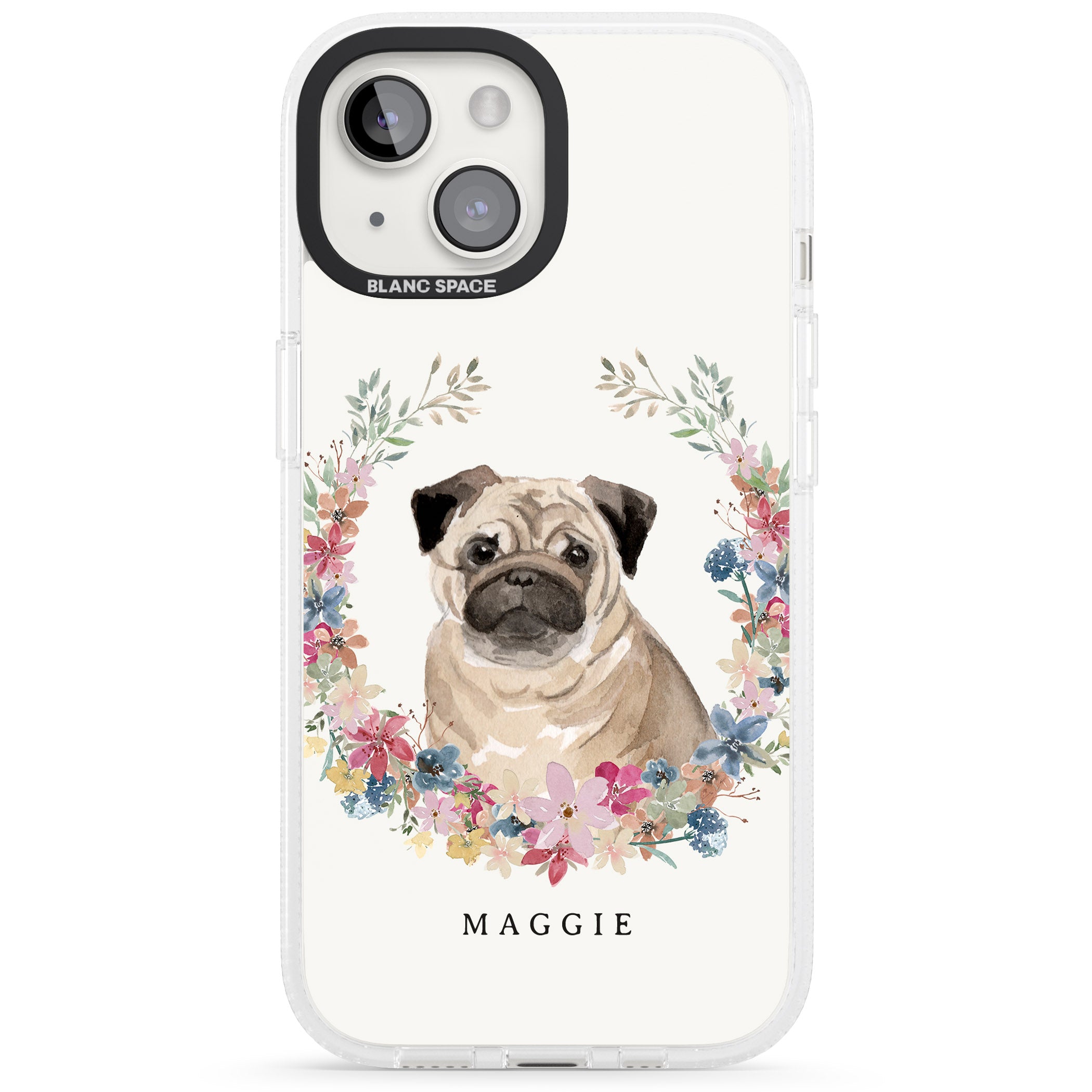 Personalised Pug - Watercolour Dog Portrait iPhone 15 / 14 / 13 Clear Case Impact Air - Blanc Space